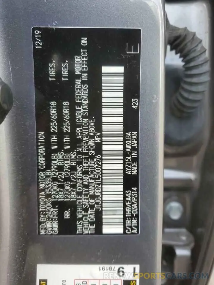 12 fotografías del automóvil dañado JTJGJRDZ1L5007276 LEXUS NX 2020