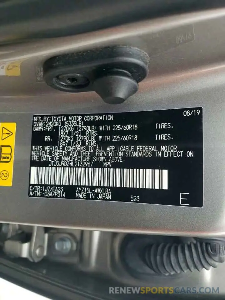 13 fotografías del automóvil dañado JTJGJRDZ4L2132967 LEXUS NX 2020