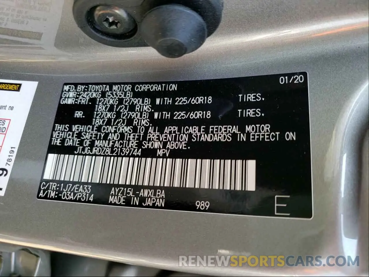 10 fotografías del automóvil dañado JTJGJRDZ8L2139744 LEXUS NX 2020