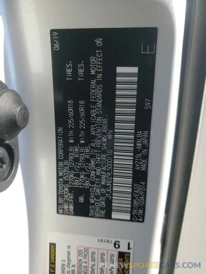 12 fotografías del automóvil dañado JTJGJRDZ9L5000110 LEXUS NX 2020
