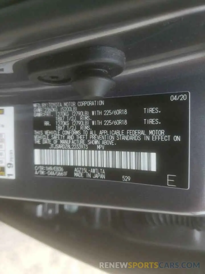 10 fotografías del automóvil dañado JTJSARDZ8L2233973 LEXUS NX 2020
