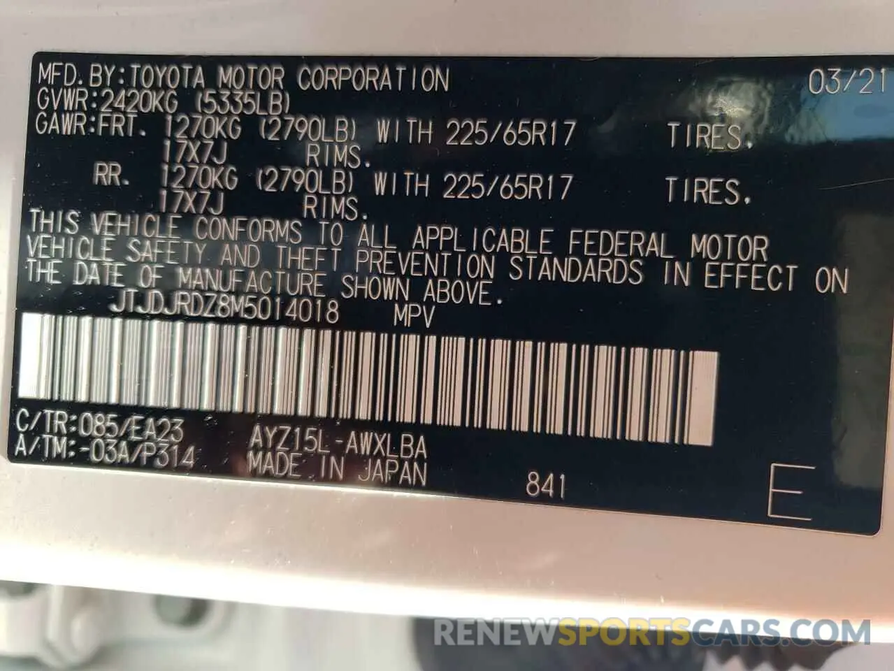 10 fotografías del automóvil dañado JTJDJRDZ8M5014018 LEXUS NX 2021