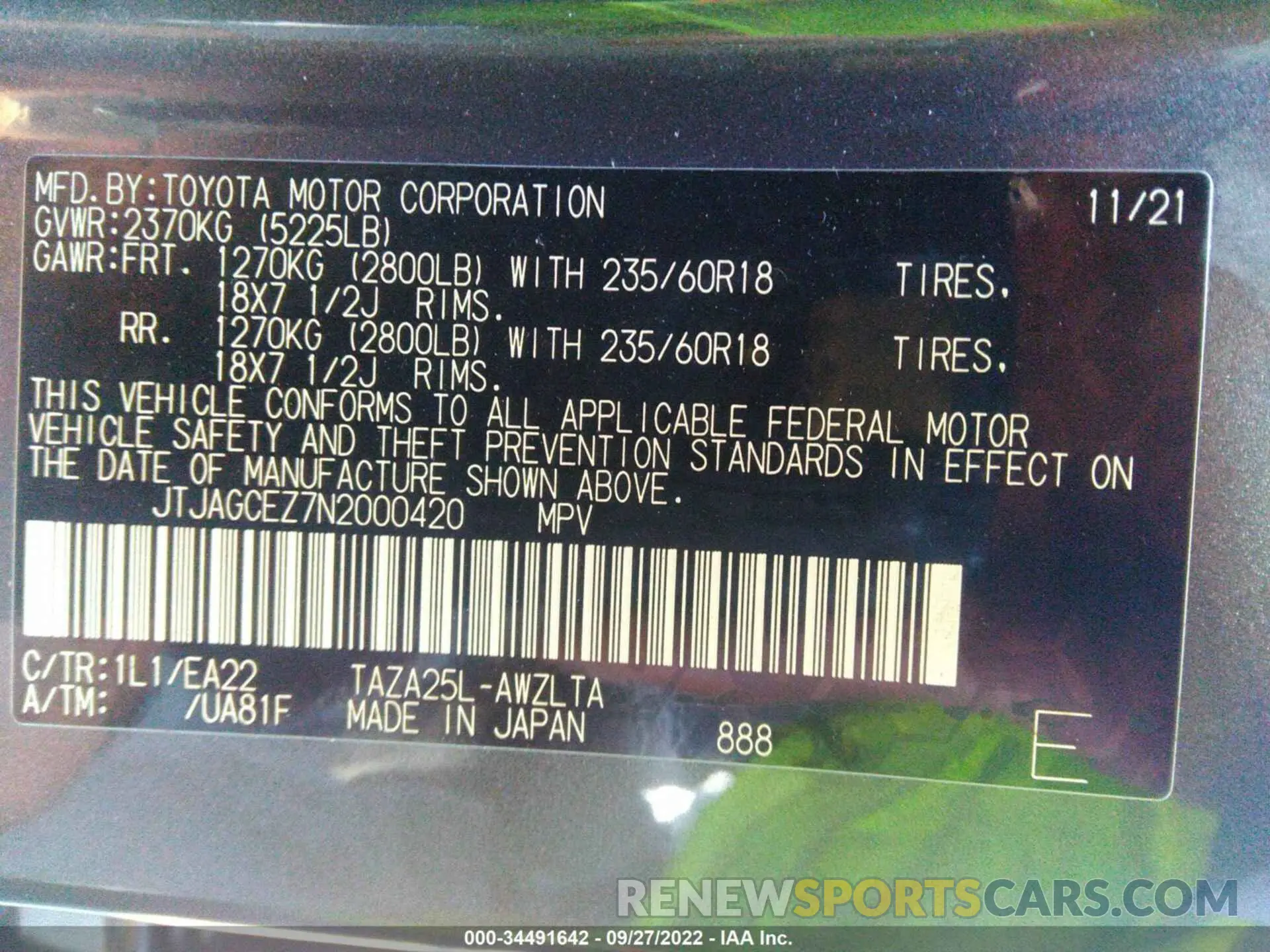 9 fotografías del automóvil dañado JTJAGCEZ7N2000420 LEXUS NX 2022