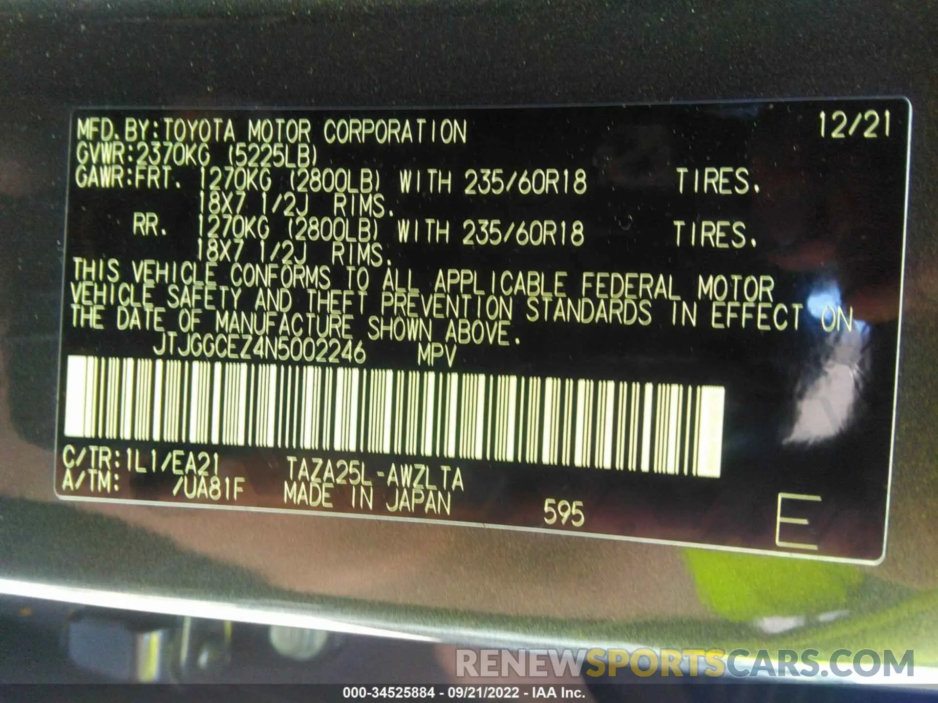 9 fotografías del automóvil dañado JTJGGCEZ4N5002246 LEXUS NX 2022