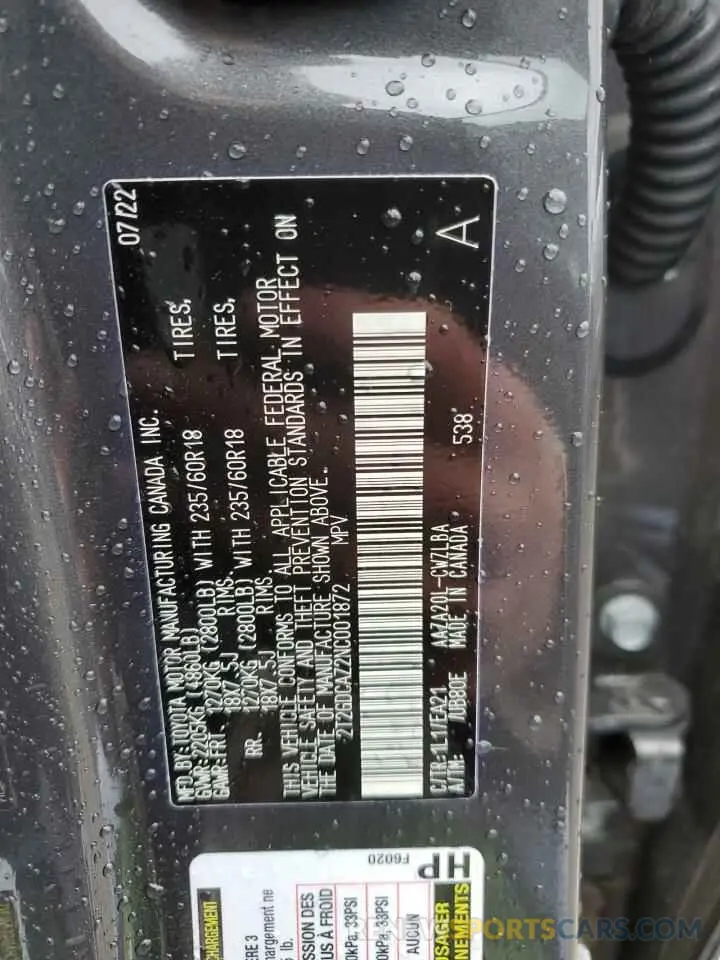12 fotografías del automóvil dañado 2T2GDCAZ2NC001872 LEXUS NX 250 2022