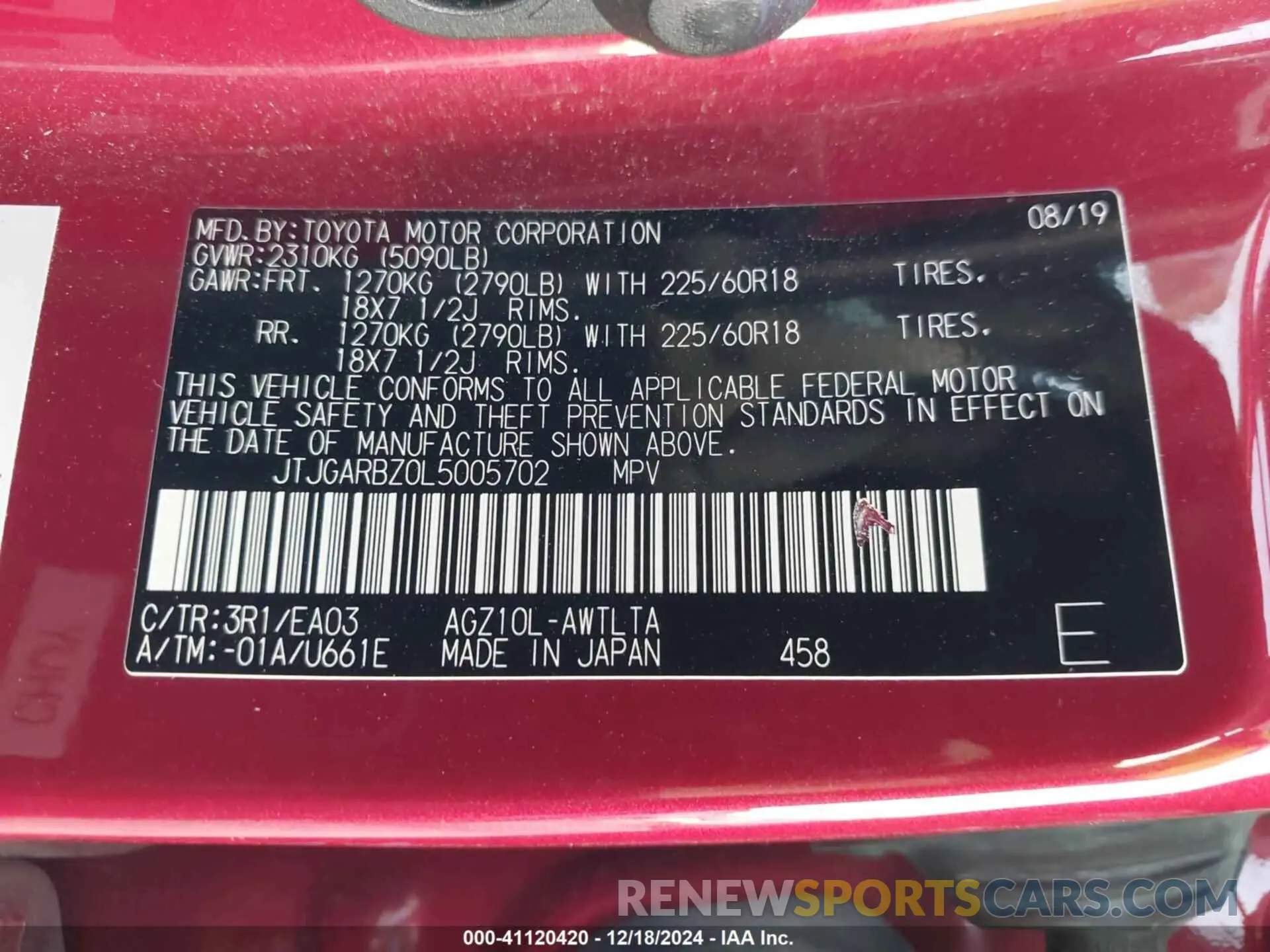9 fotografías del automóvil dañado JTJGARBZ0L5005702 LEXUS NX 300 2020