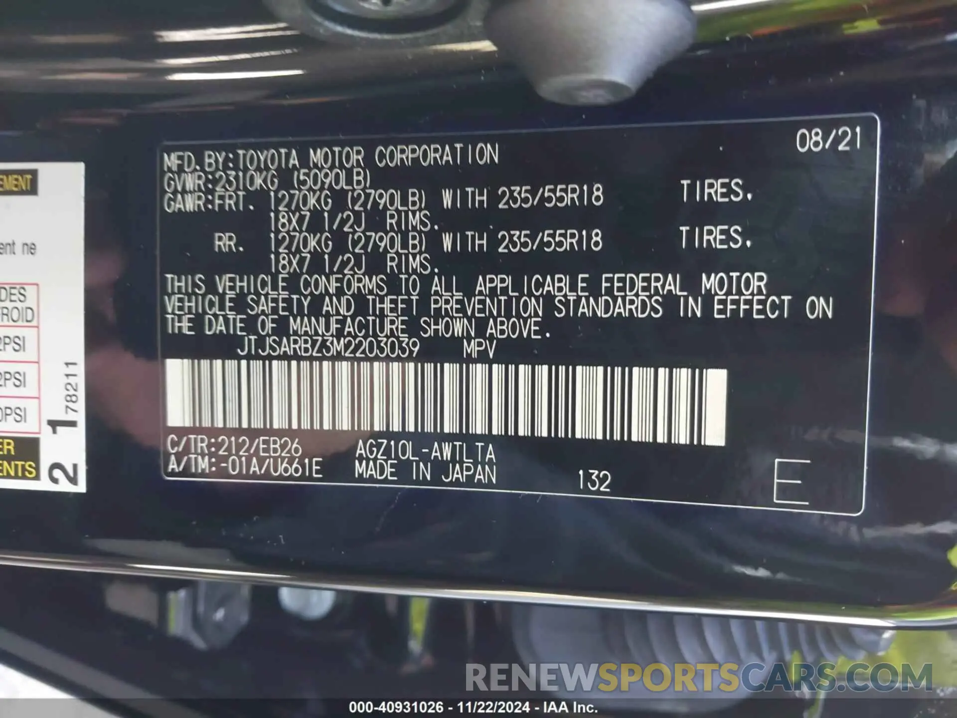 9 fotografías del automóvil dañado JTJSARBZ3M2203039 LEXUS NX 300 2021