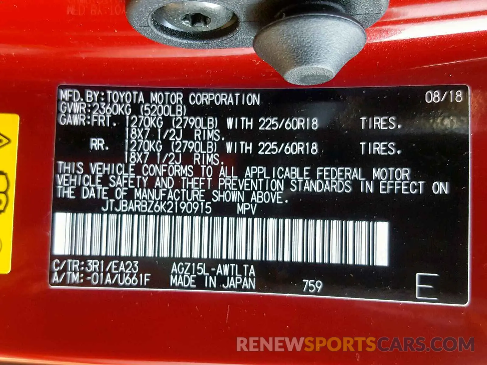 10 fotografías del automóvil dañado JTJBARBZ6K2190915 LEXUS NX 300 BAS 2019