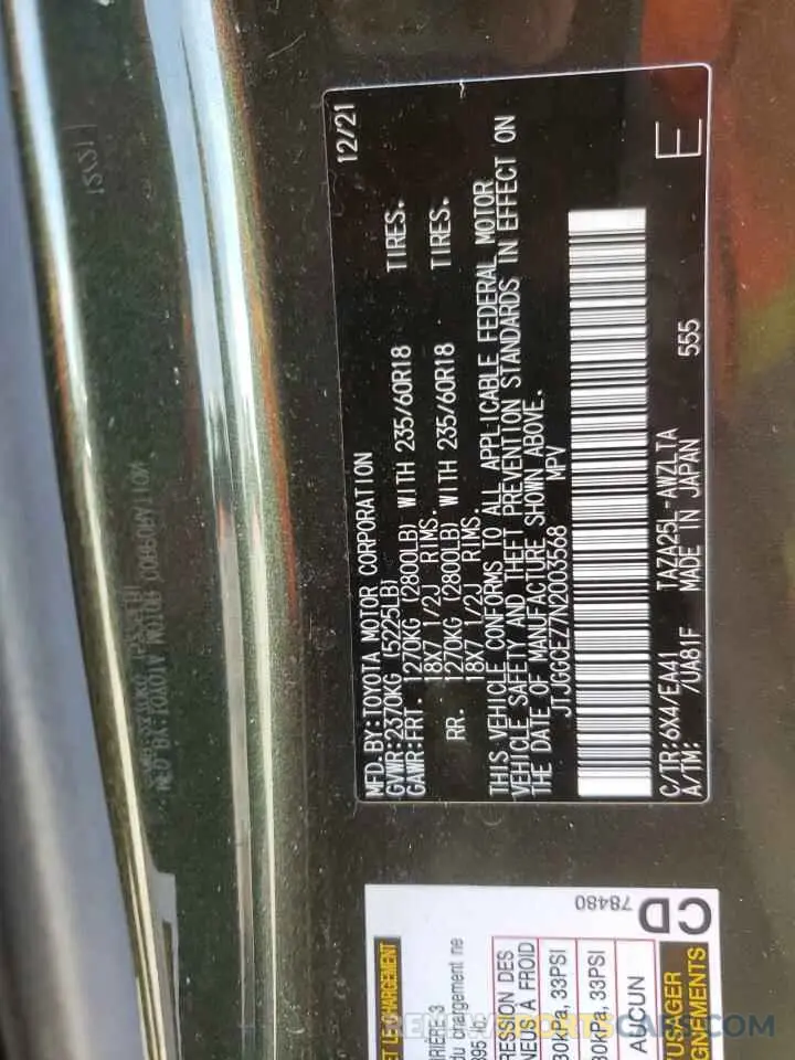 12 fotografías del automóvil dañado JTJGGCEZ7N2003568 LEXUS NX 350 2022