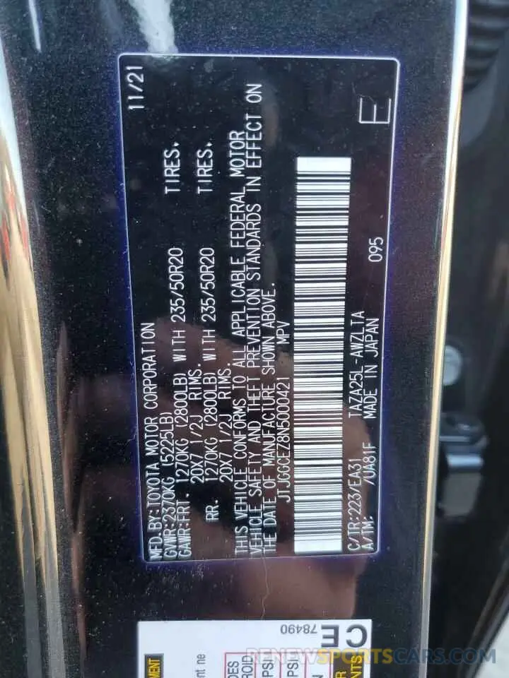 13 fotografías del automóvil dañado JTJGGCEZ8N5000421 LEXUS NX 350 2022