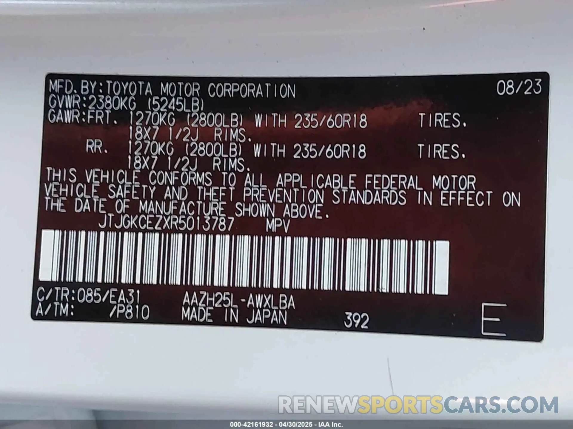 9 fotografías del automóvil dañado JTJGKCEZXR5013787 LEXUS NX 350H 2024