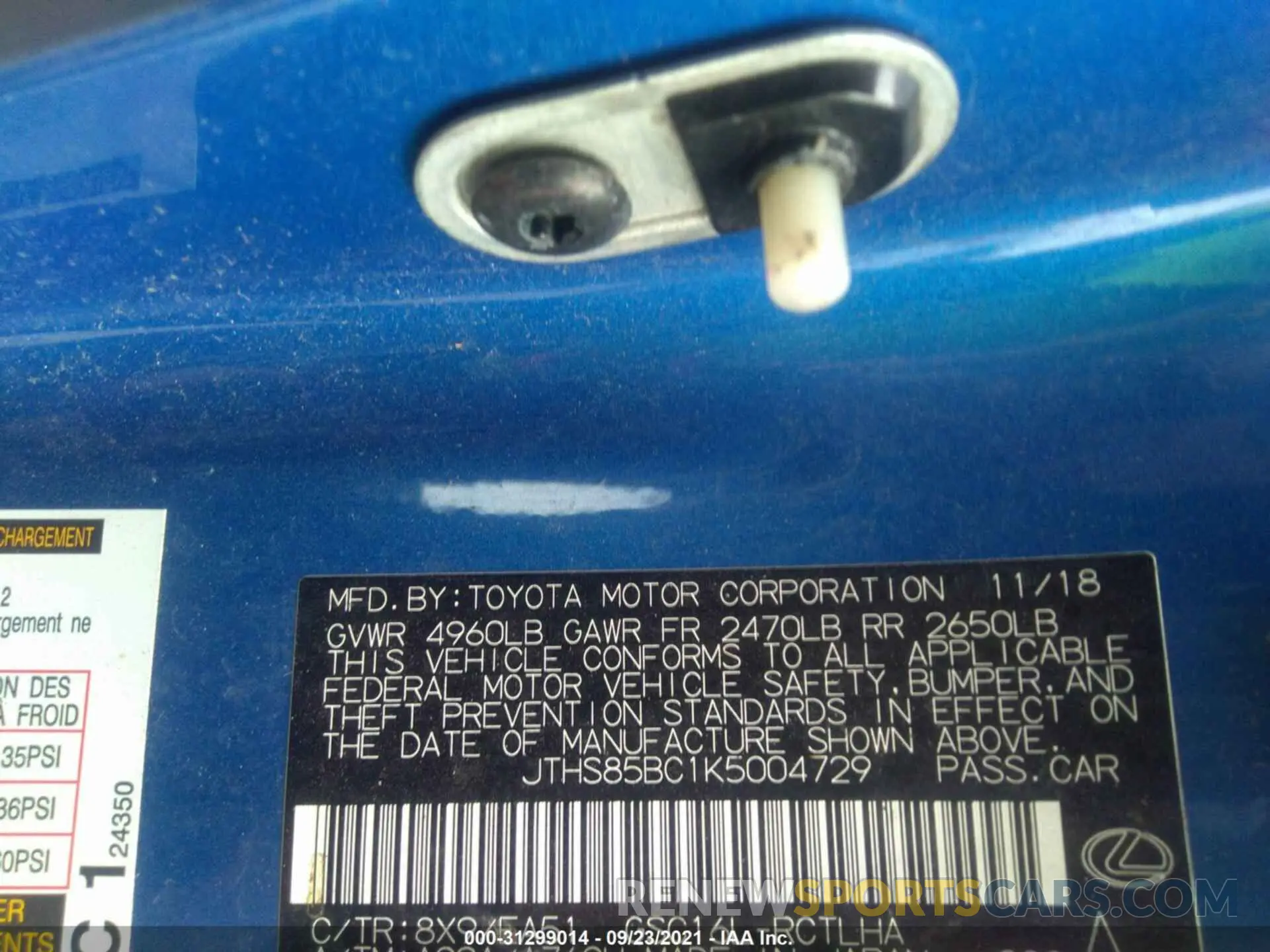 9 fotografías del automóvil dañado JTHS85BC1K5004729 LEXUS RC 2019