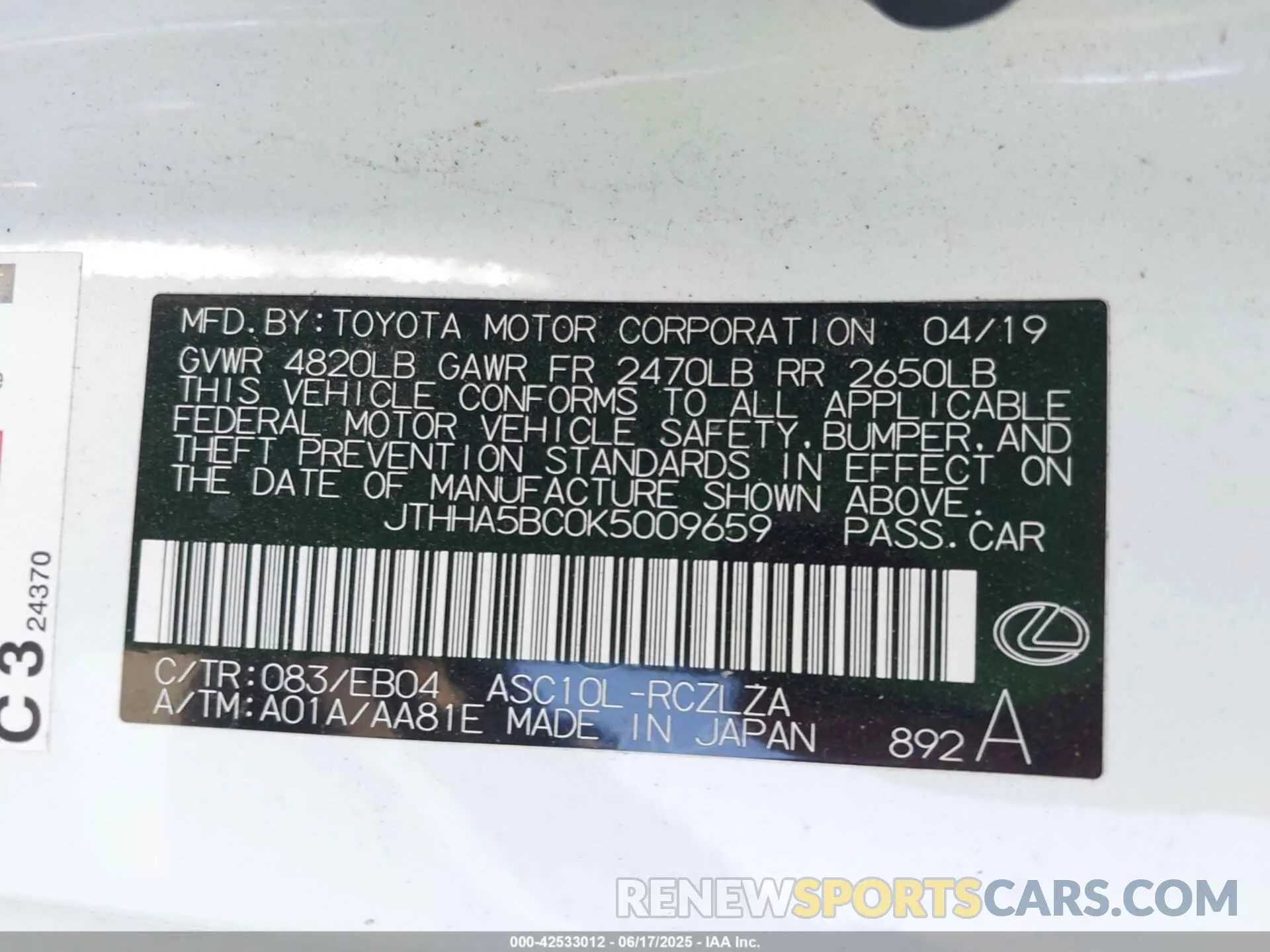 9 fotografías del automóvil dañado JTHHA5BC0K5009659 LEXUS RC 300 2019