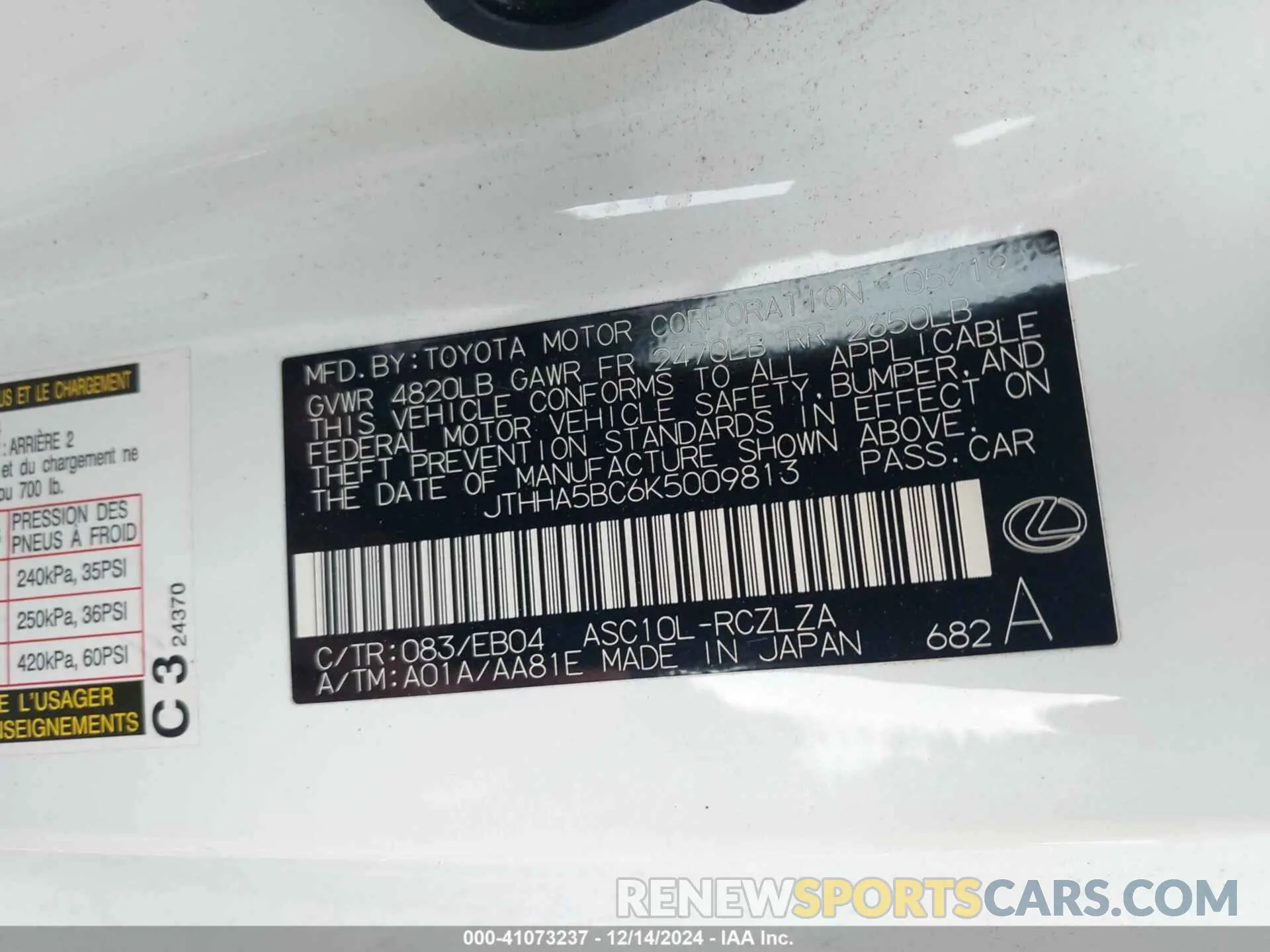 9 fotografías del automóvil dañado JTHHA5BC6K5009813 LEXUS RC 300 2019