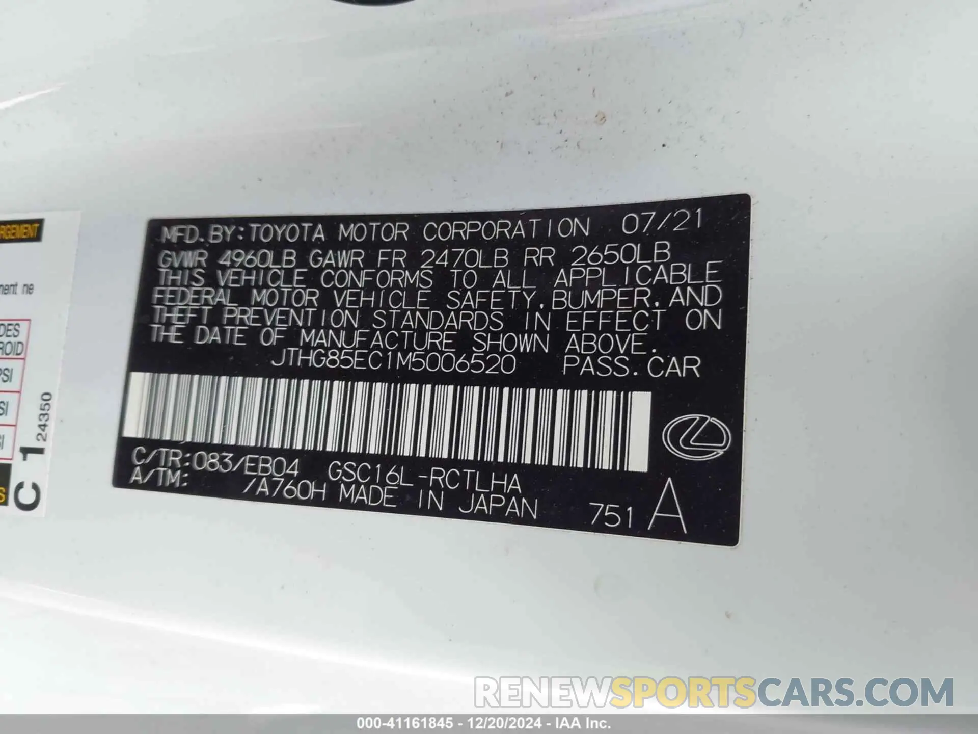 9 fotografías del automóvil dañado JTHG85EC1M5006520 LEXUS RC 300 2021