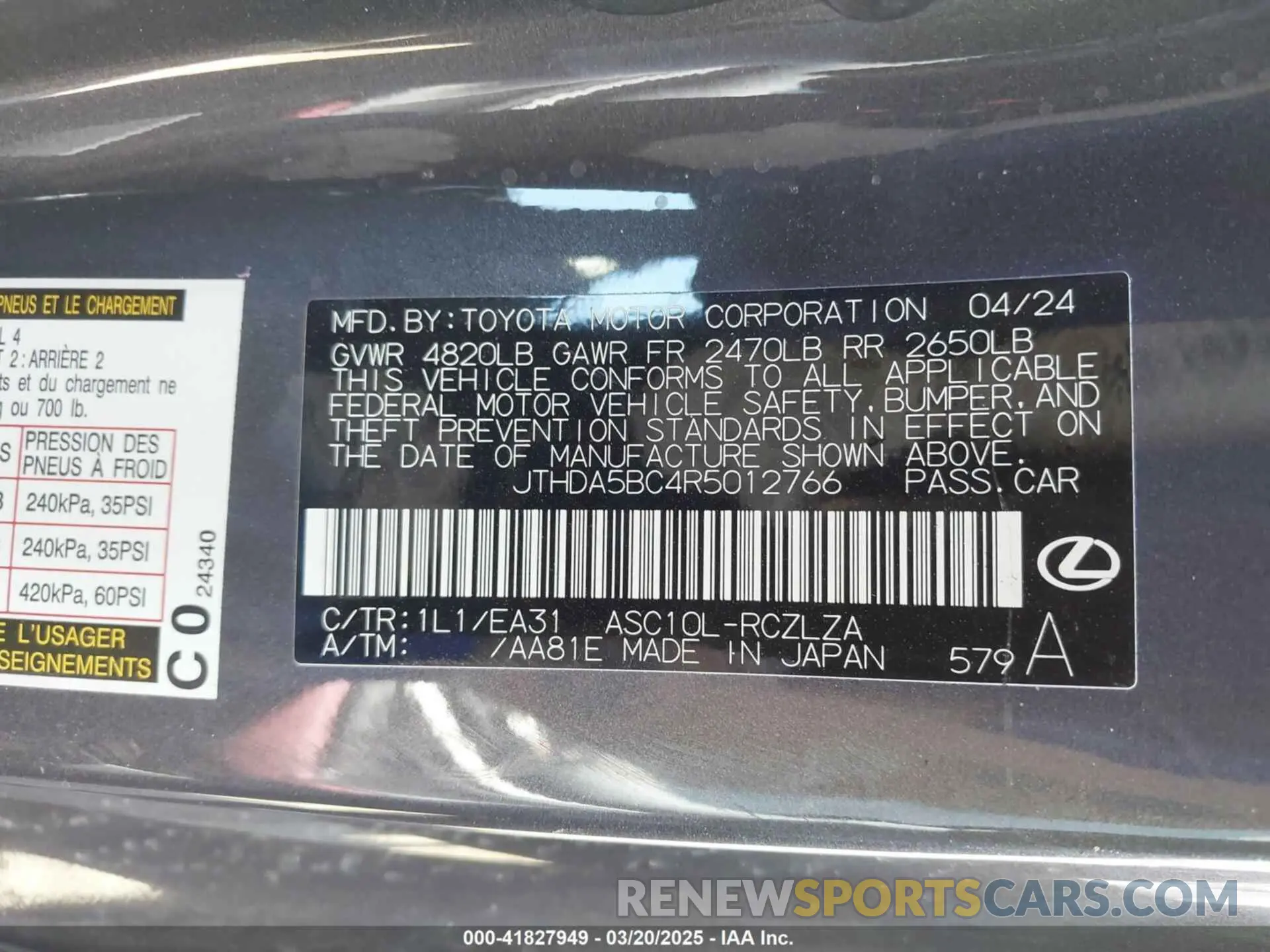 9 fotografías del automóvil dañado JTHDA5BC4R5012766 LEXUS RC 300 2024