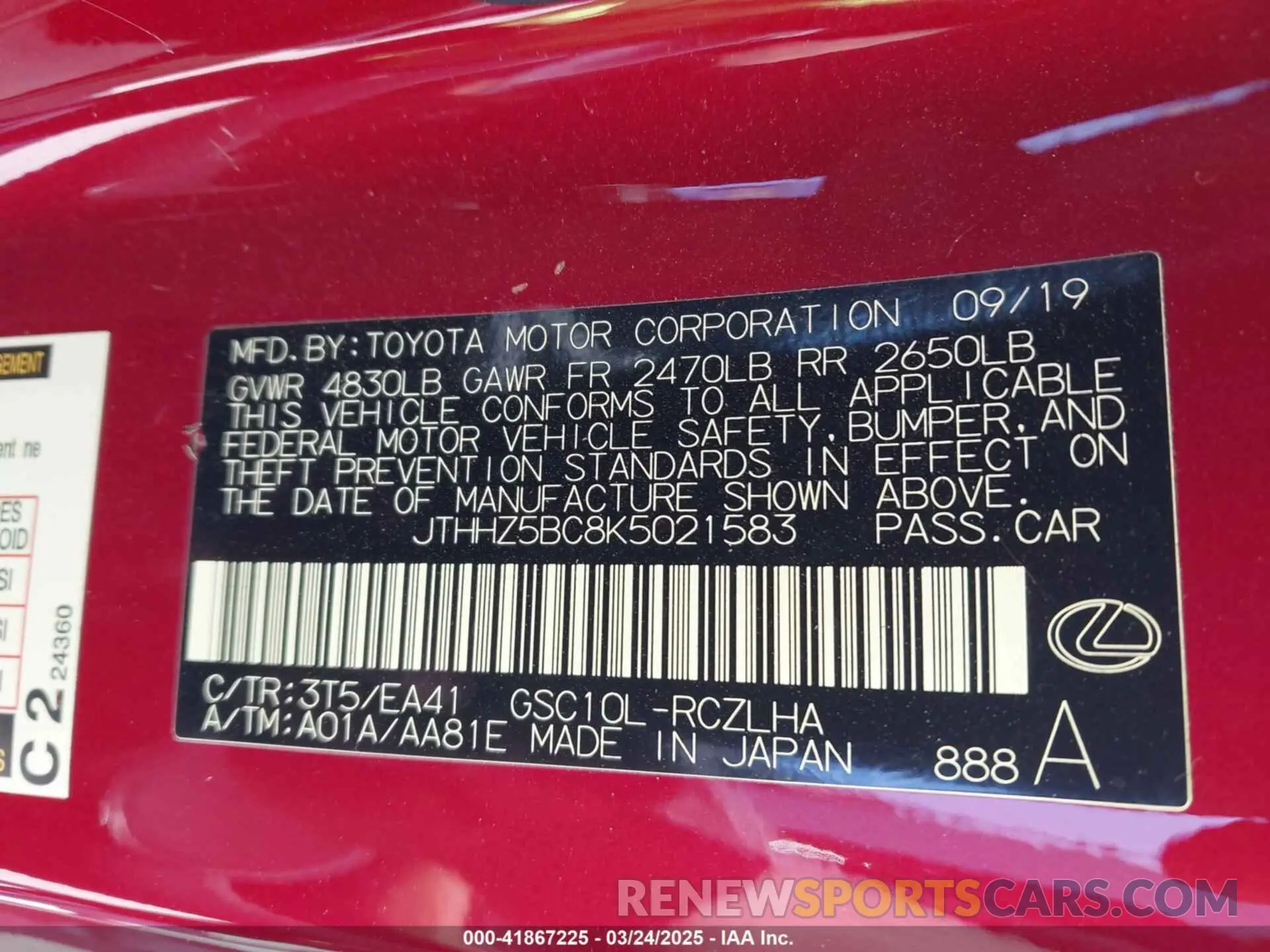 9 fotografías del automóvil dañado JTHHZ5BC8K5021583 LEXUS RC 350 2019