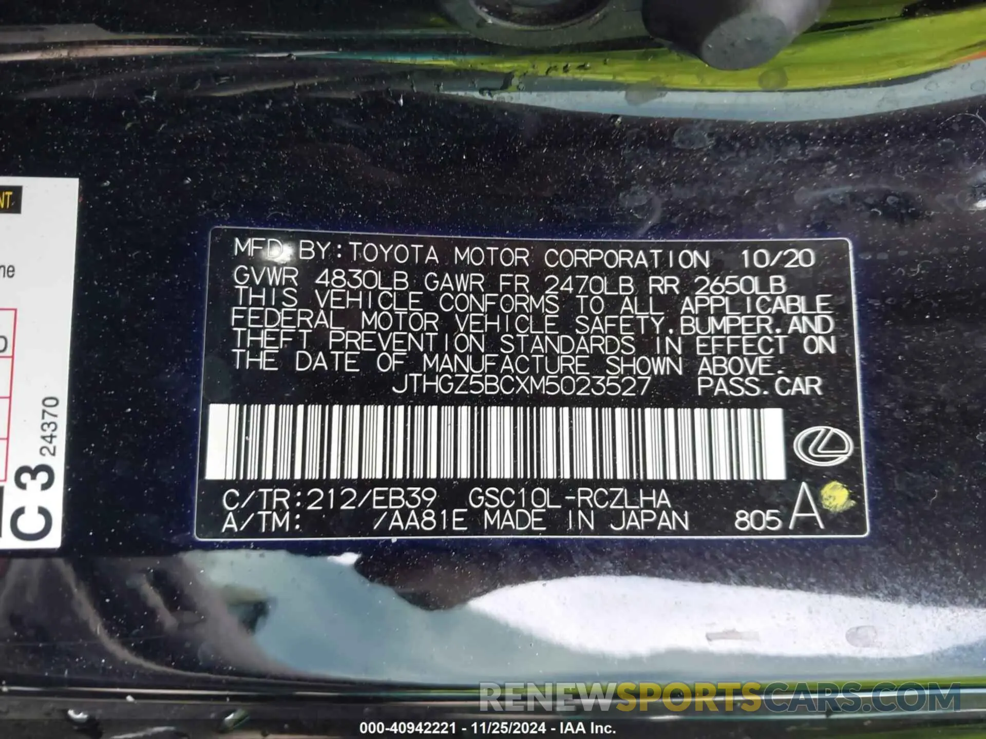 9 fotografías del automóvil dañado JTHGZ5BCXM5023527 LEXUS RC 350 2021