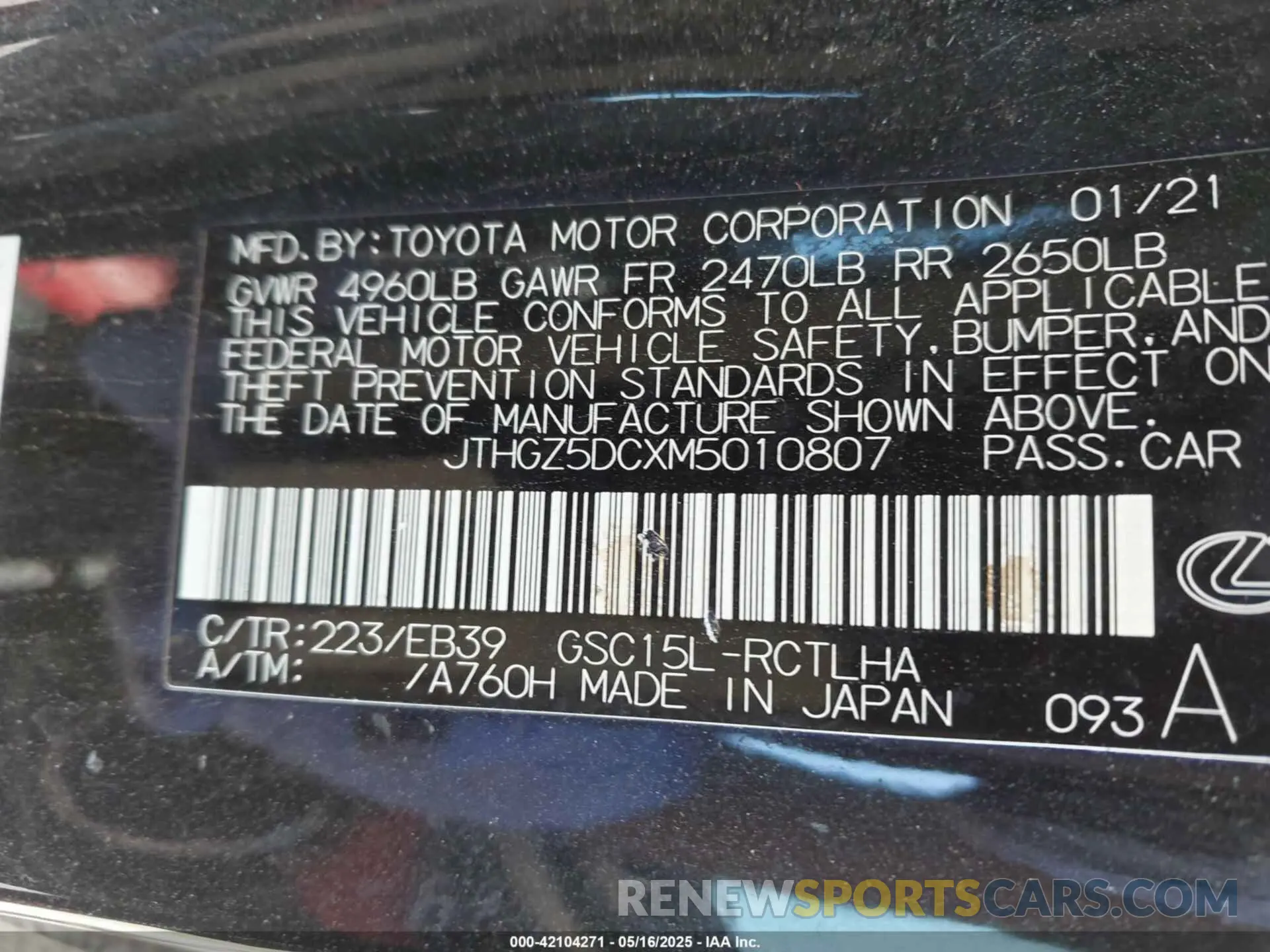 9 fotografías del automóvil dañado JTHGZ5DCXM5010807 LEXUS RC 350 2021