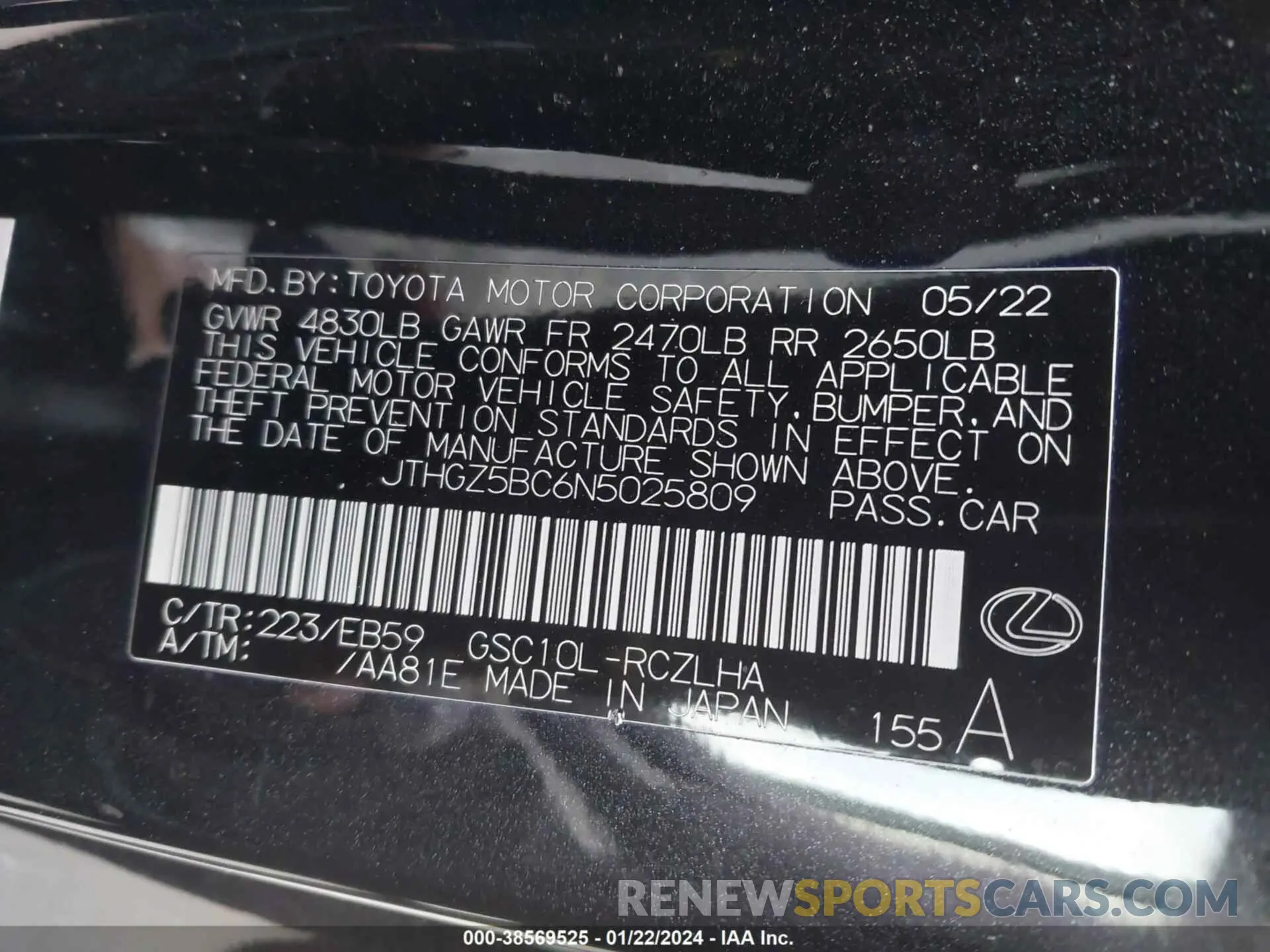 9 fotografías del automóvil dañado JTHGZ5BC6N5025809 LEXUS RC 350 2022