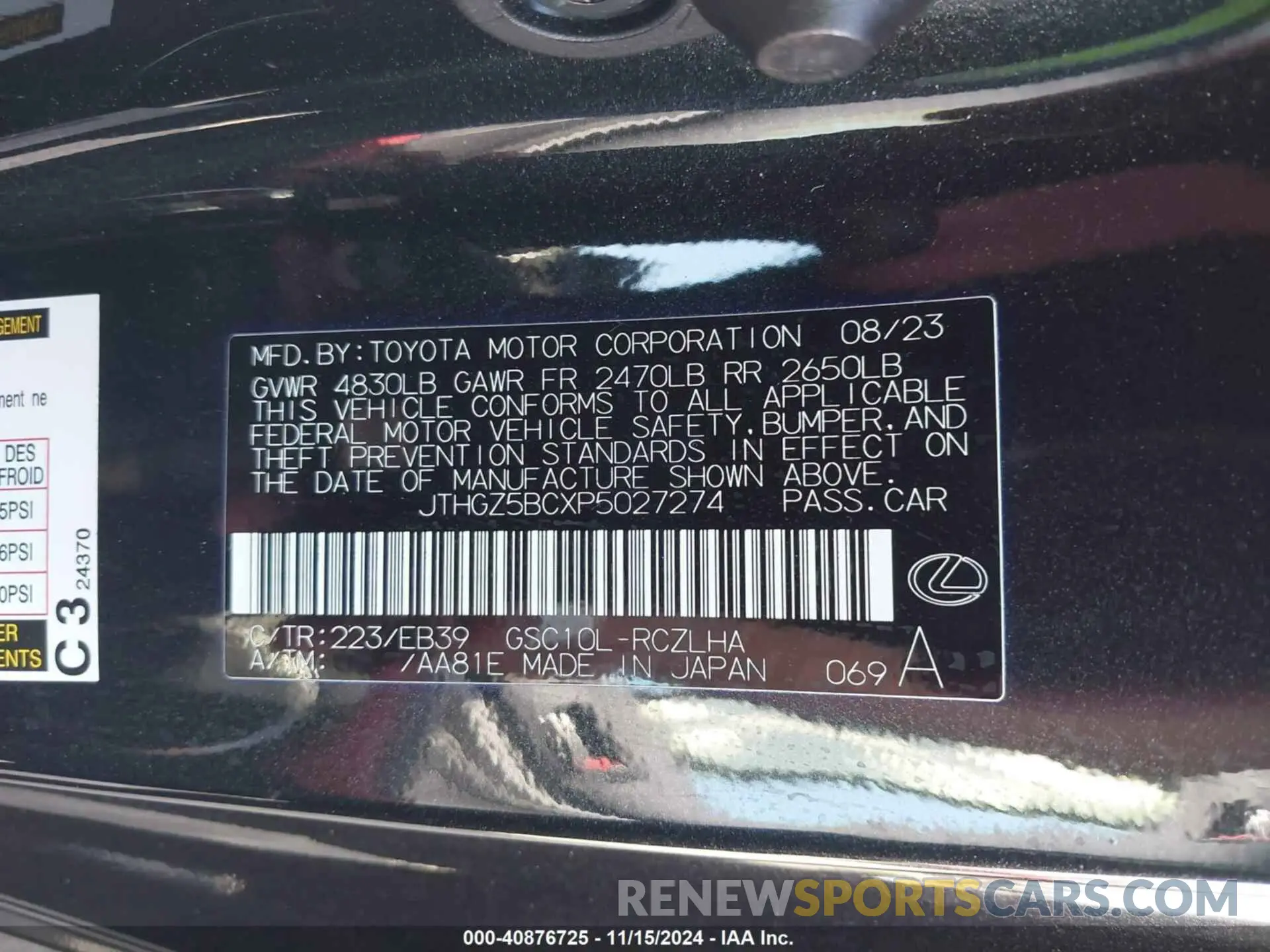 9 fotografías del automóvil dañado JTHGZ5BCXP5027274 LEXUS RC 350 2023