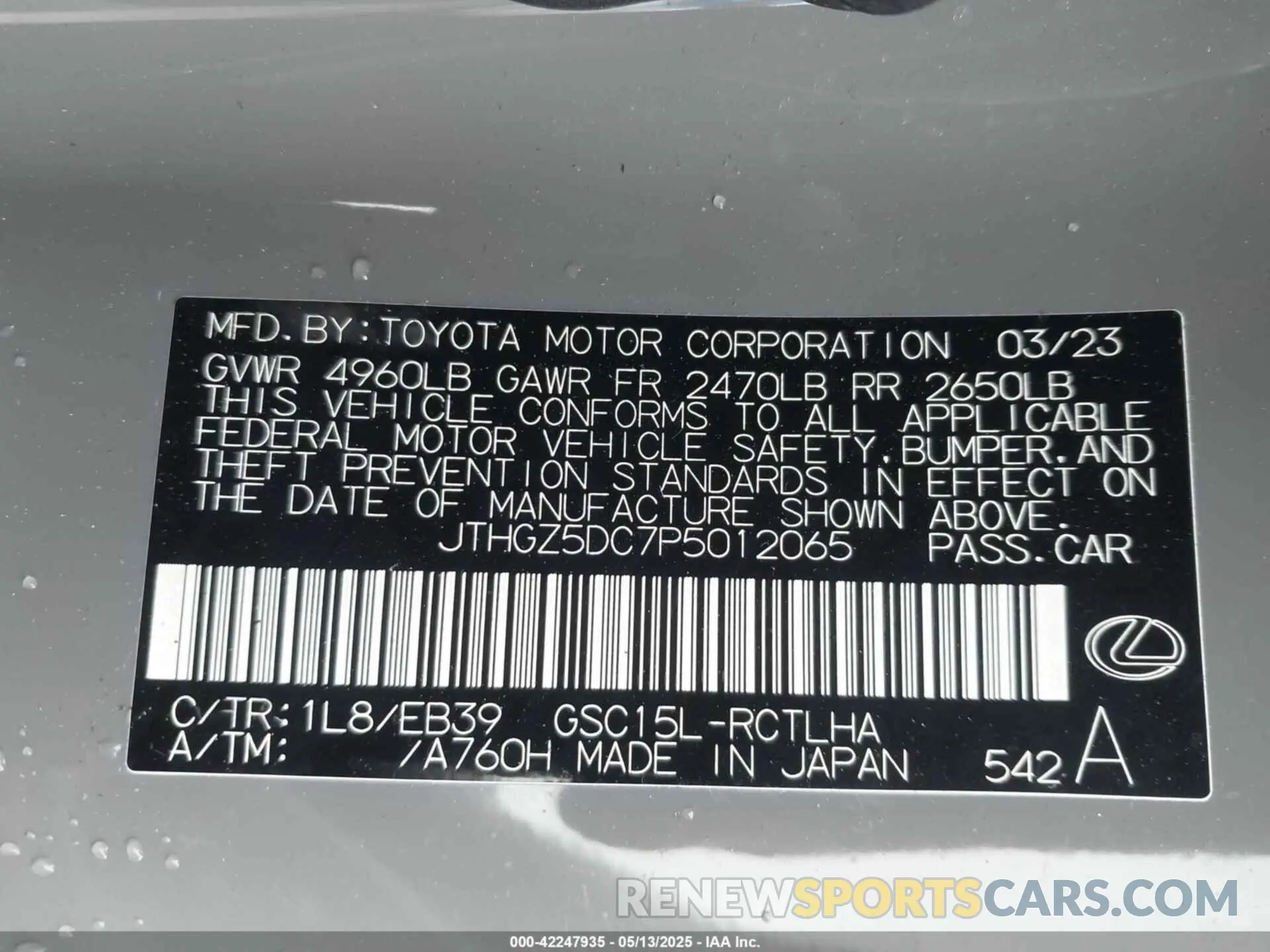 9 fotografías del automóvil dañado JTHGZ5DC7P5012065 LEXUS RC 350 2023