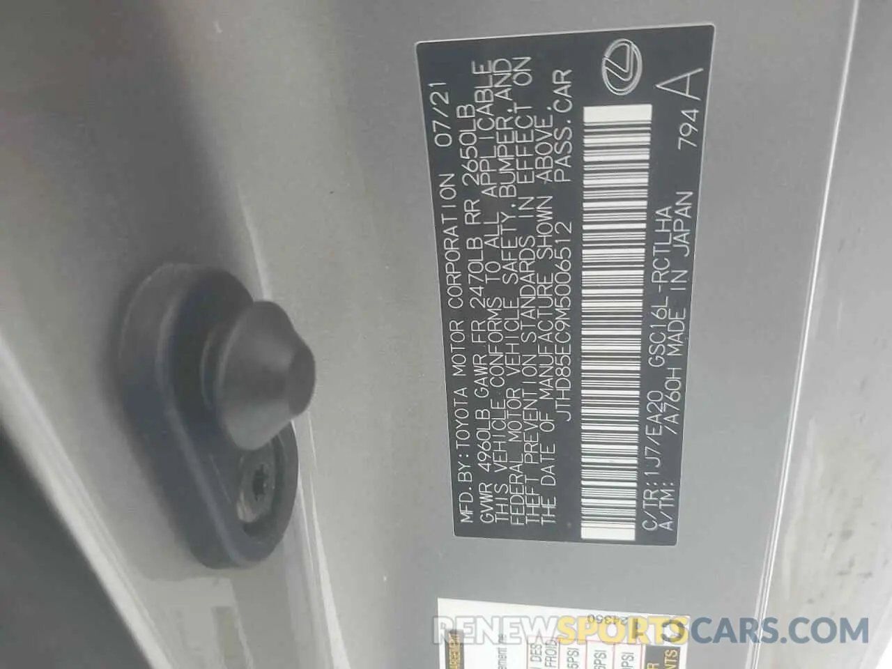 12 fotografías del automóvil dañado JTHD85EC9M5006512 LEXUS RC300 2021