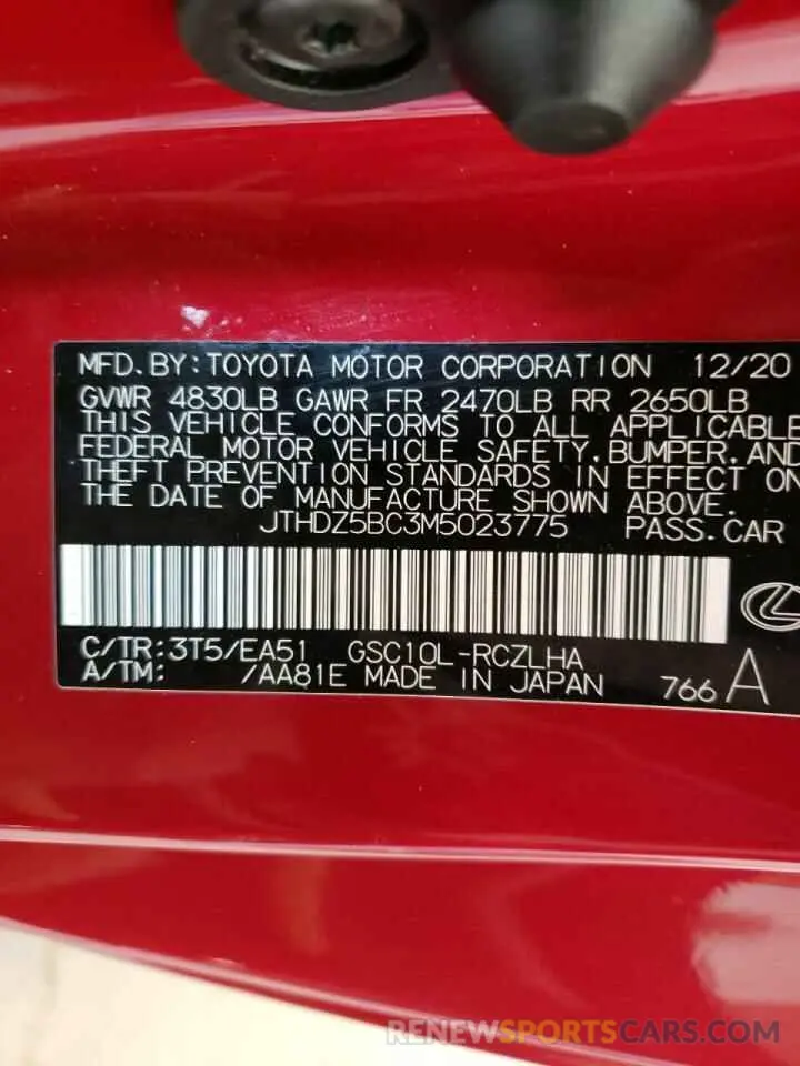 10 fotografías del automóvil dañado JTHDZ5BC3M5023775 LEXUS RC350 2021