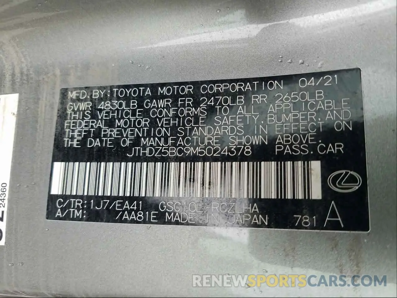 10 fotografías del automóvil dañado JTHDZ5BC9M5024378 LEXUS RC350 2021