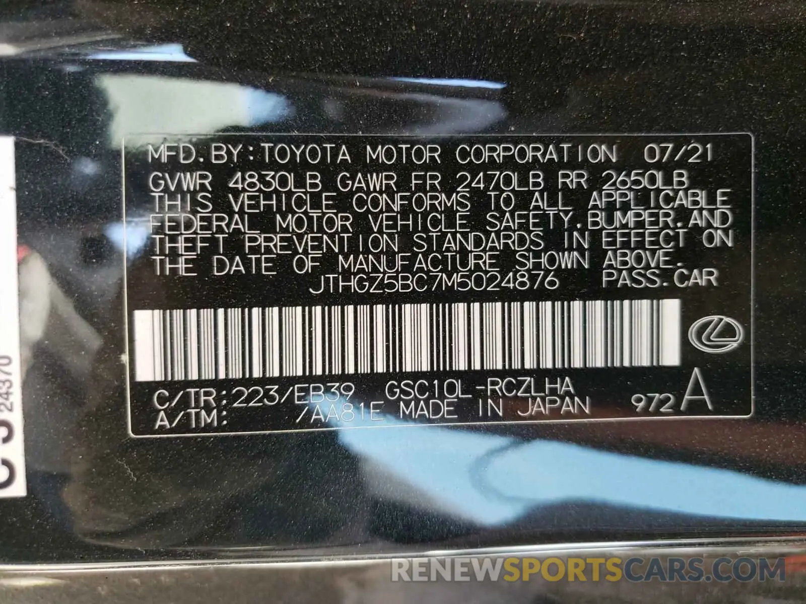 10 fotografías del automóvil dañado JTHGZ5BC7M5024876 LEXUS RC350 2021