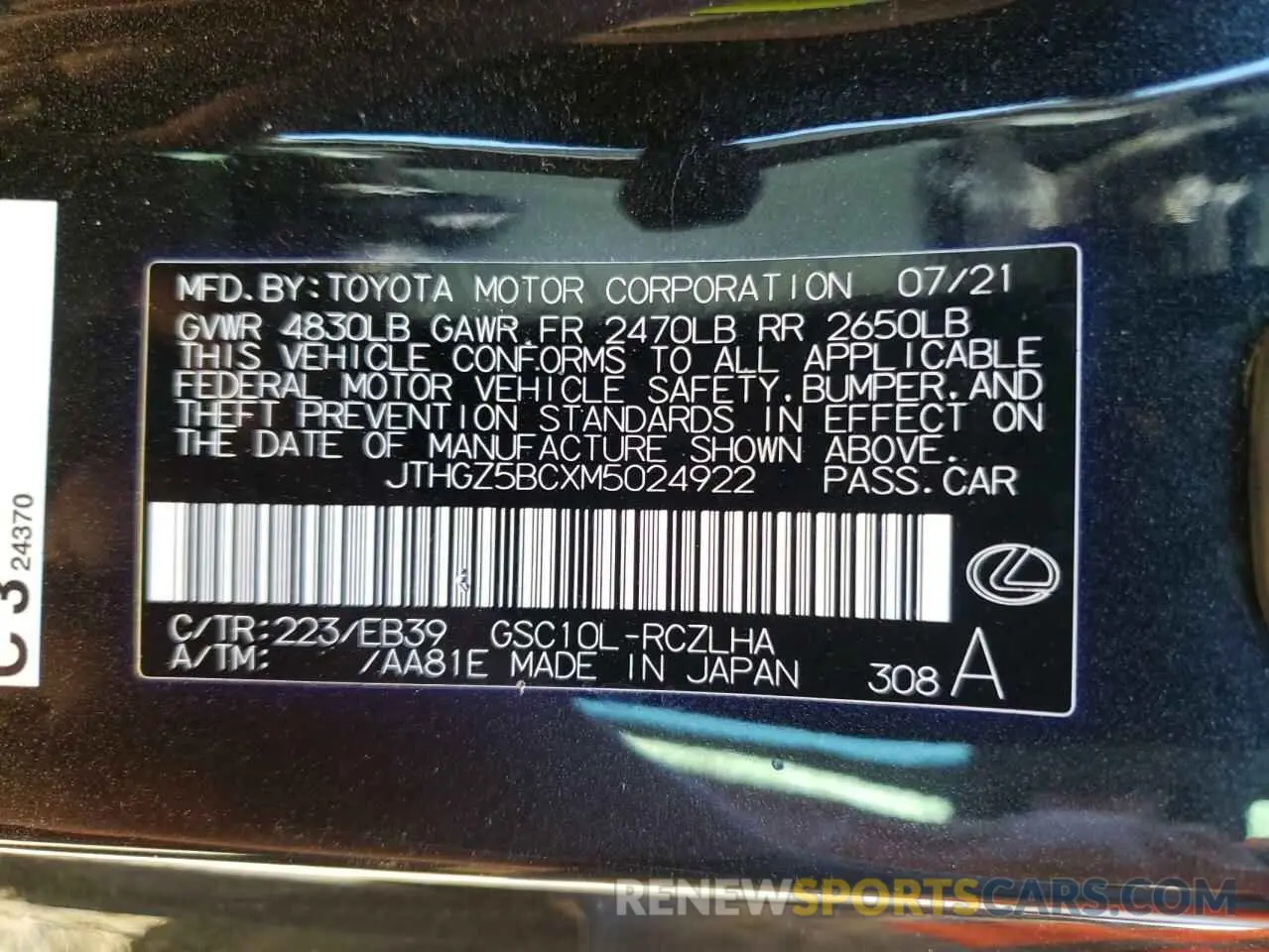 12 fotografías del automóvil dañado JTHGZ5BCXM5024922 LEXUS RC350 2021
