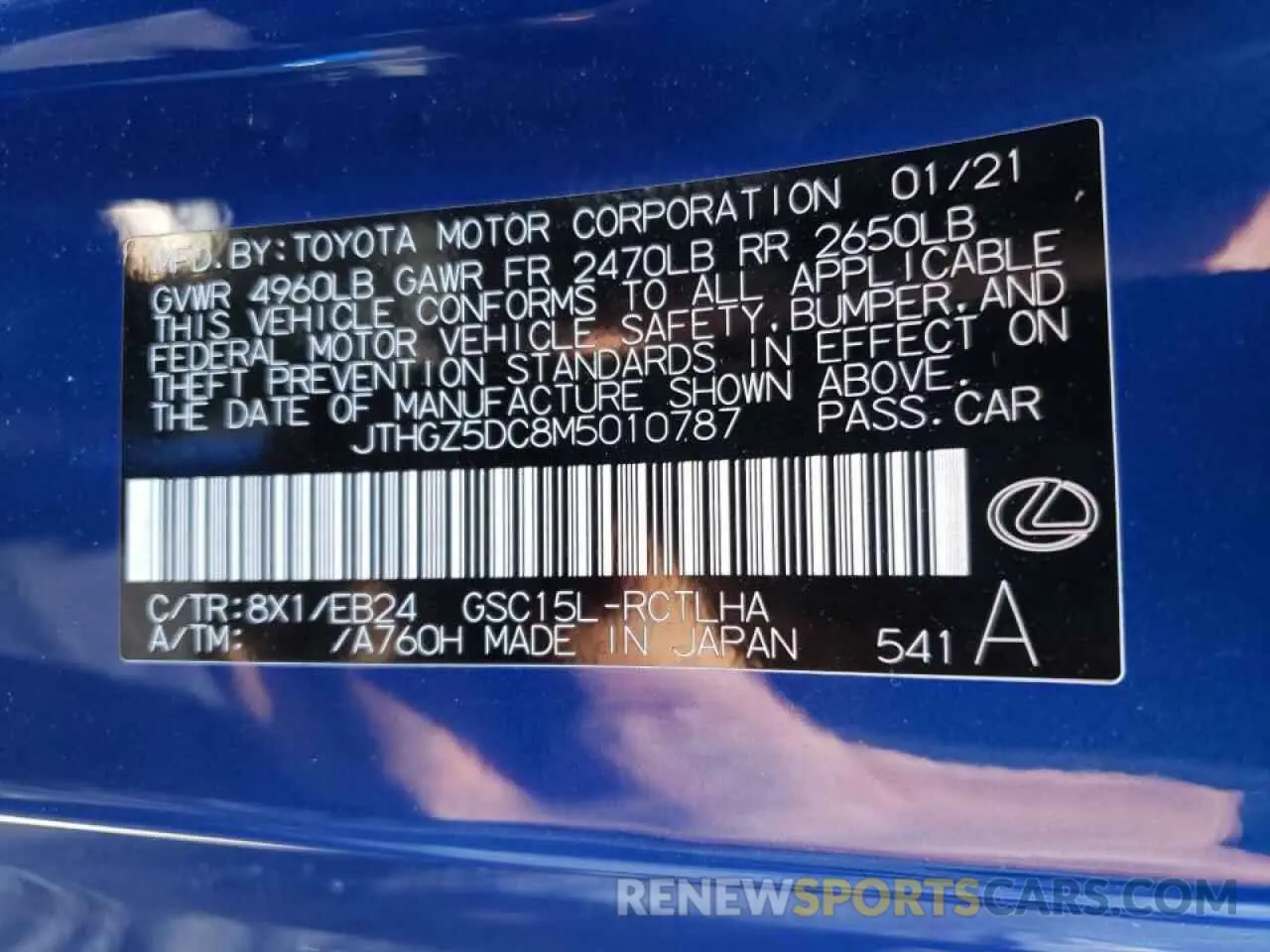 10 fotografías del automóvil dañado JTHGZ5DC8M5010787 LEXUS RC350 2021