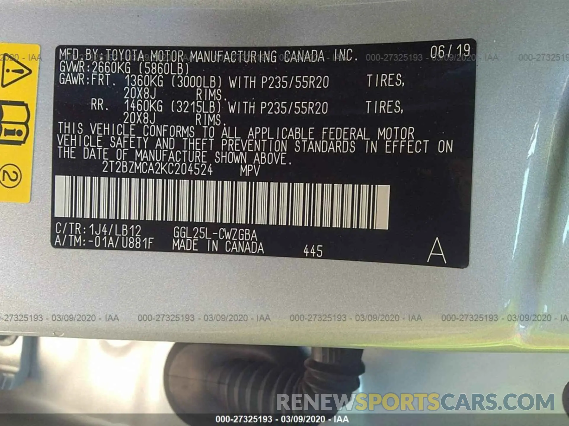 9 fotografías del automóvil dañado 2T2BZMCA2KC204524 LEXUS RX 2019