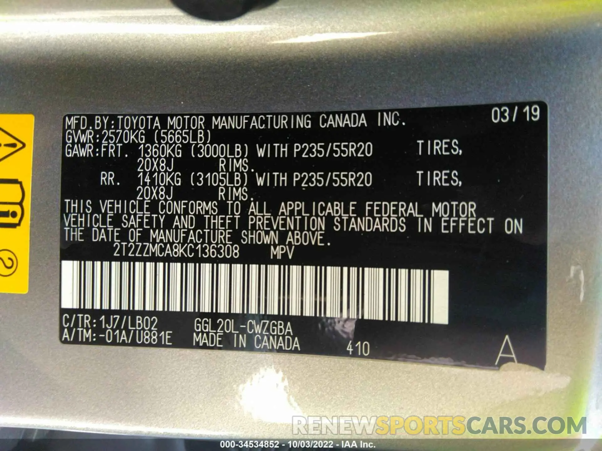 9 fotografías del automóvil dañado 2T2ZZMCA8KC136308 LEXUS RX 2019