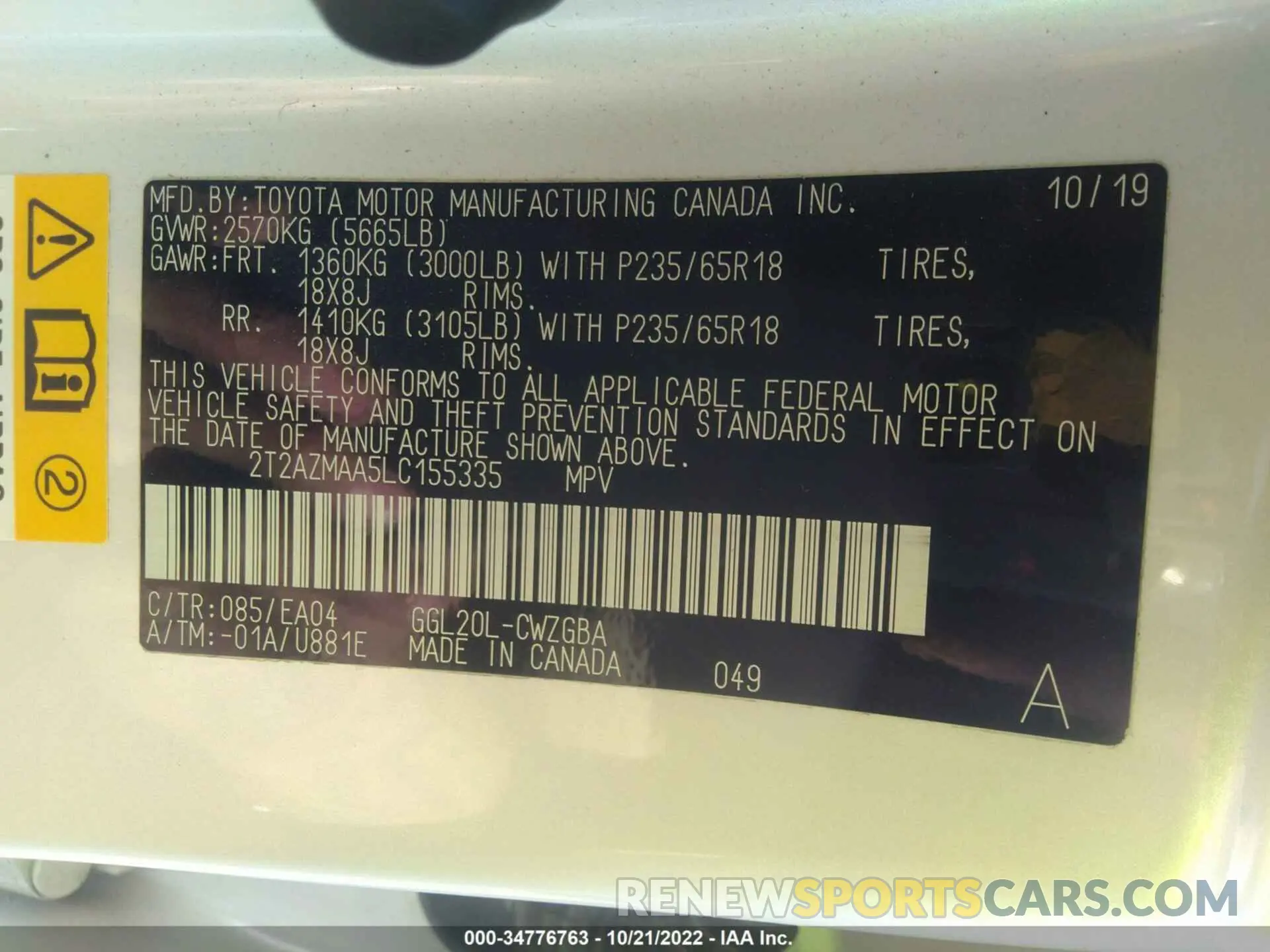 9 fotografías del automóvil dañado 2T2AZMAA5LC155335 LEXUS RX 2020