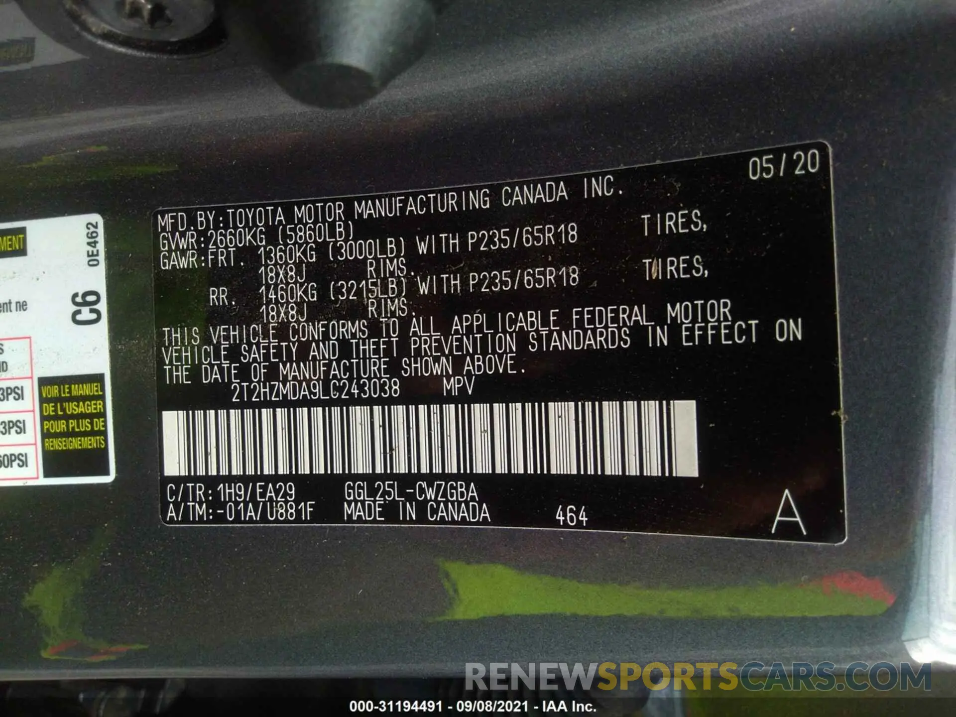 9 fotografías del automóvil dañado 2T2HZMDA9LC243038 LEXUS RX 2020