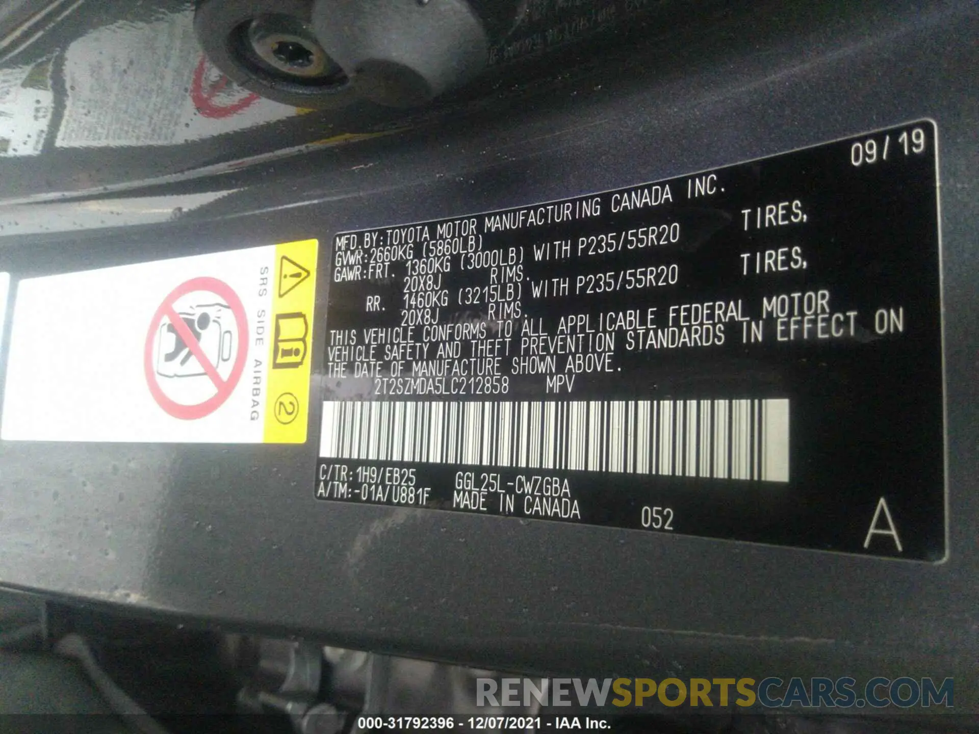 9 fotografías del automóvil dañado 2T2SZMDA5LC212858 LEXUS RX 2020