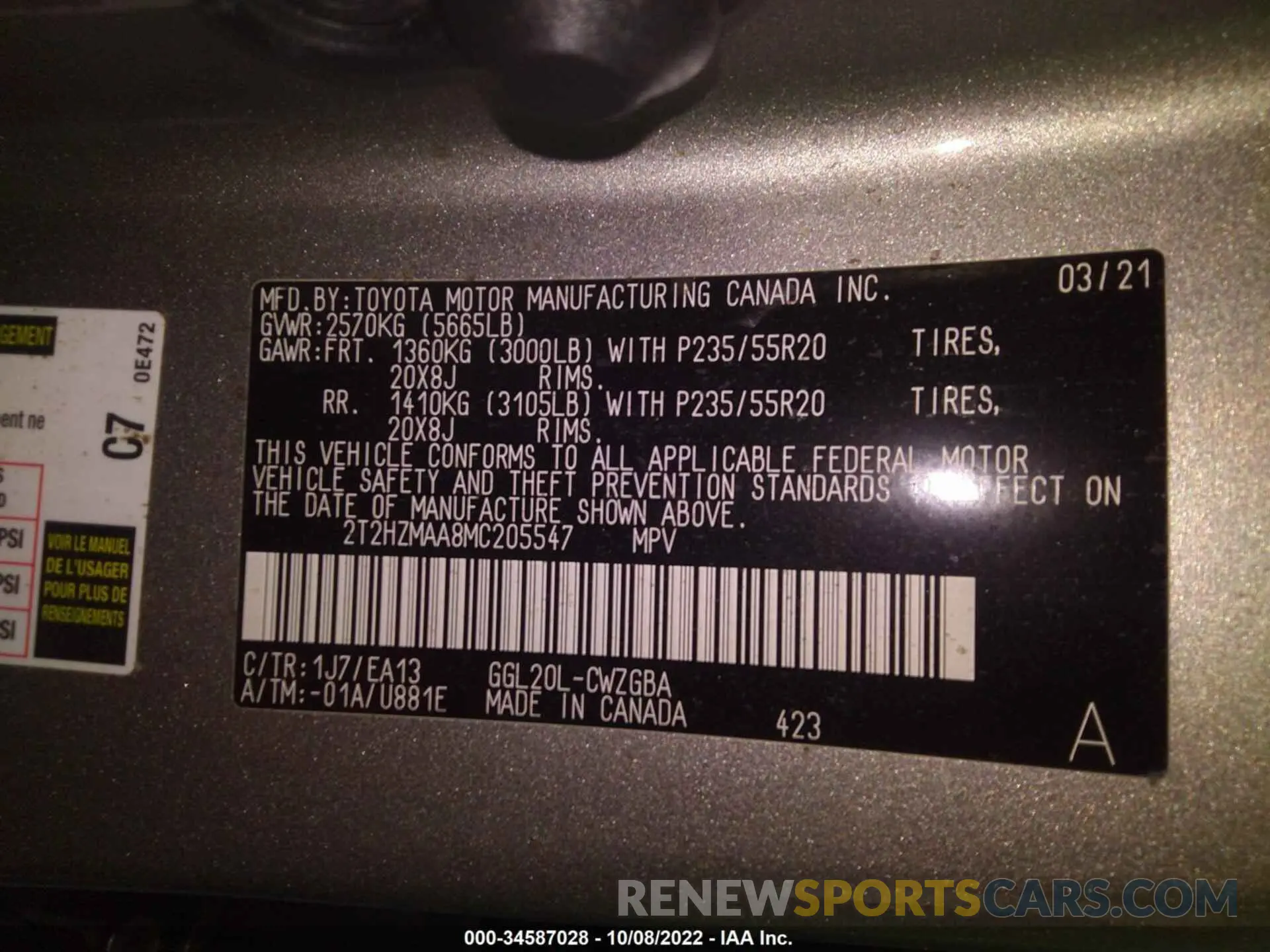 9 fotografías del automóvil dañado 2T2HZMAA8MC205547 LEXUS RX 2021
