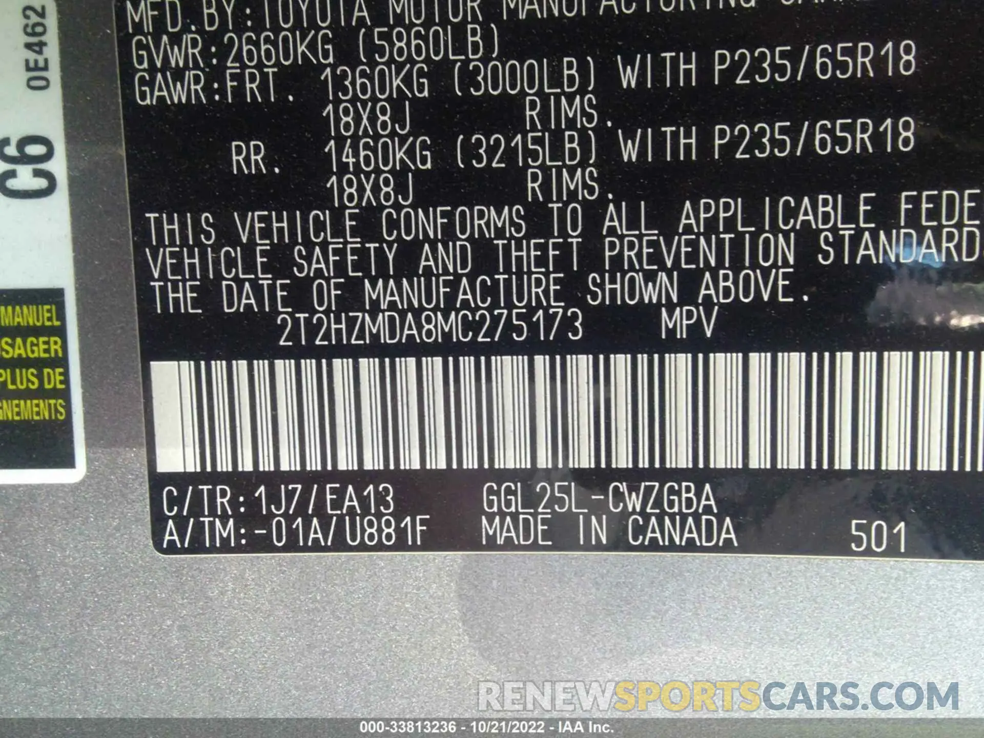 9 fotografías del automóvil dañado 2T2HZMDA8MC275173 LEXUS RX 2021