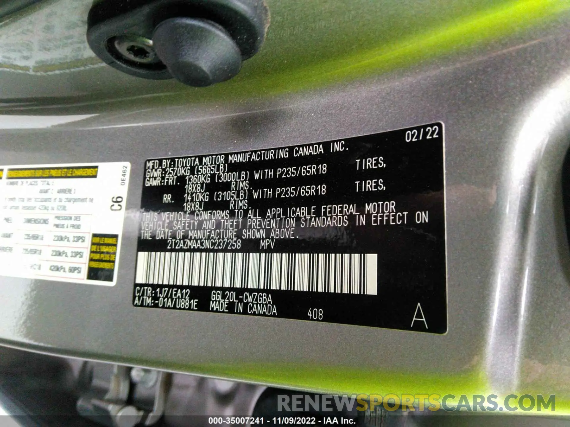 9 fotografías del automóvil dañado 2T2AZMAA3NC237258 LEXUS RX 2022
