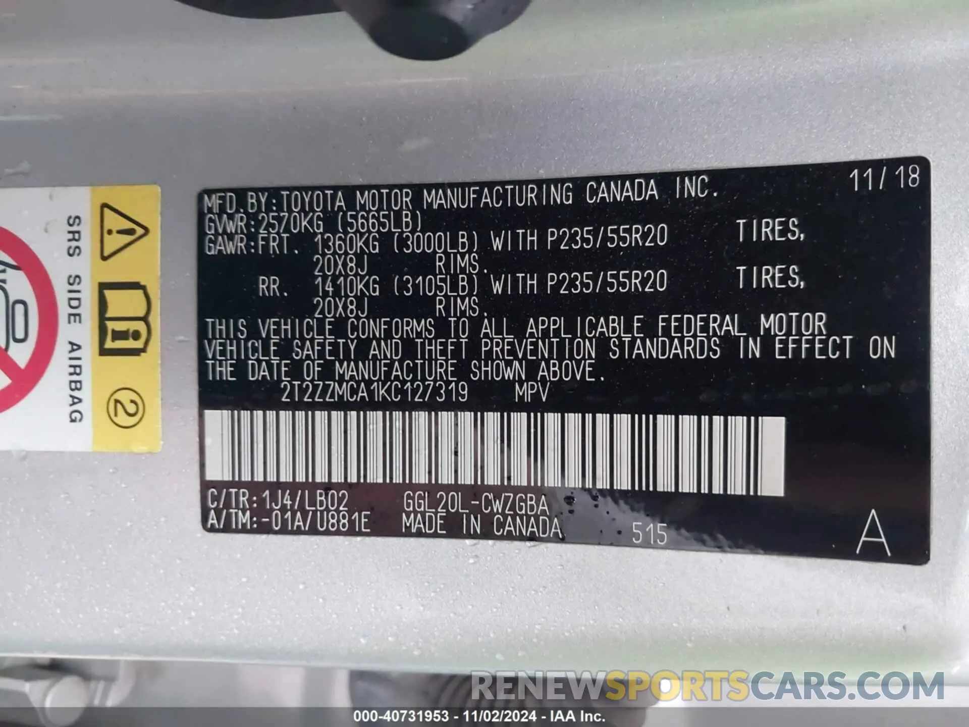 9 fotografías del automóvil dañado 2T2ZZMCA1KC127319 LEXUS RX 350 2019