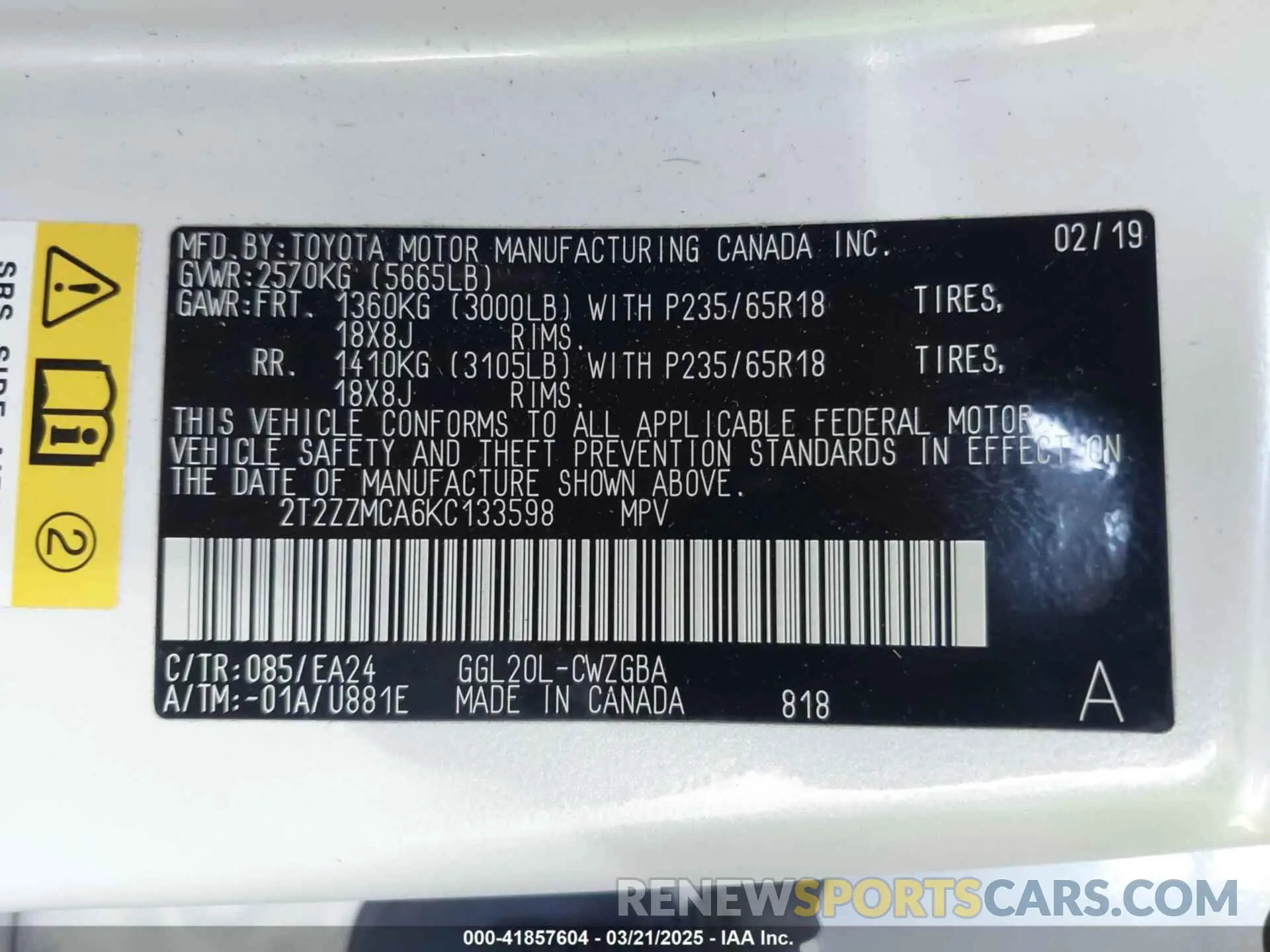 9 fotografías del automóvil dañado 2T2ZZMCA6KC133598 LEXUS RX 350 2019