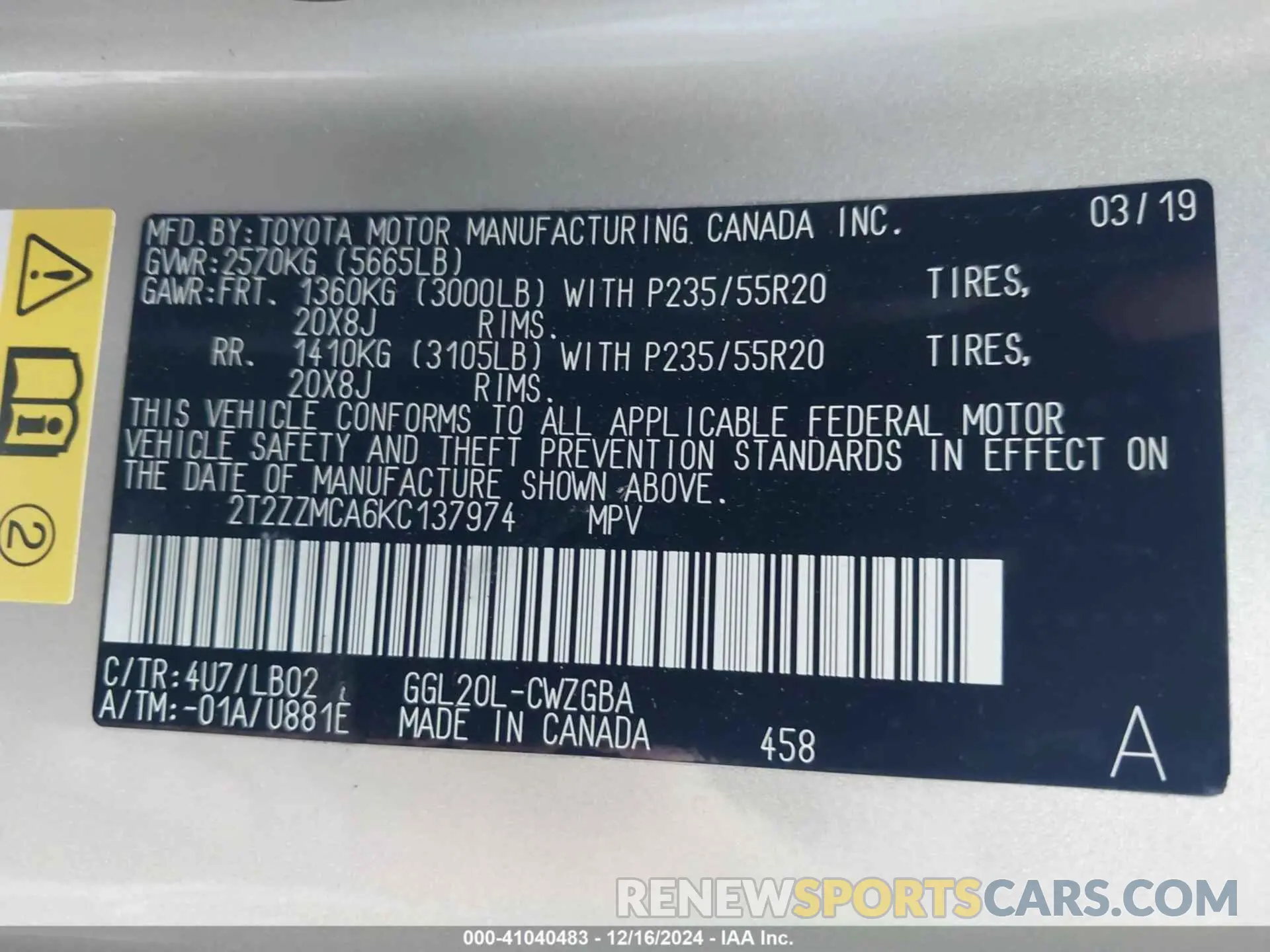 9 fotografías del automóvil dañado 2T2ZZMCA6KC137974 LEXUS RX 350 2019