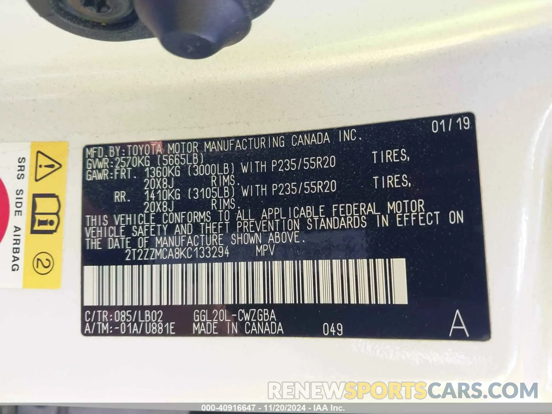 9 fotografías del automóvil dañado 2T2ZZMCA8KC133294 LEXUS RX 350 2019