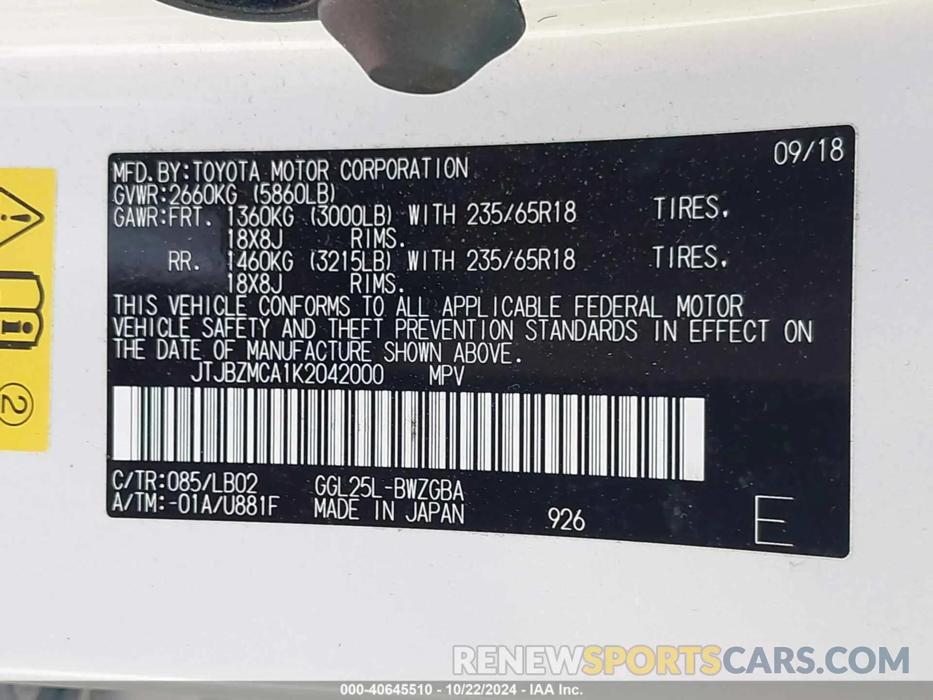 9 fotografías del automóvil dañado JTJBZMCA1K2042000 LEXUS RX 350 2019