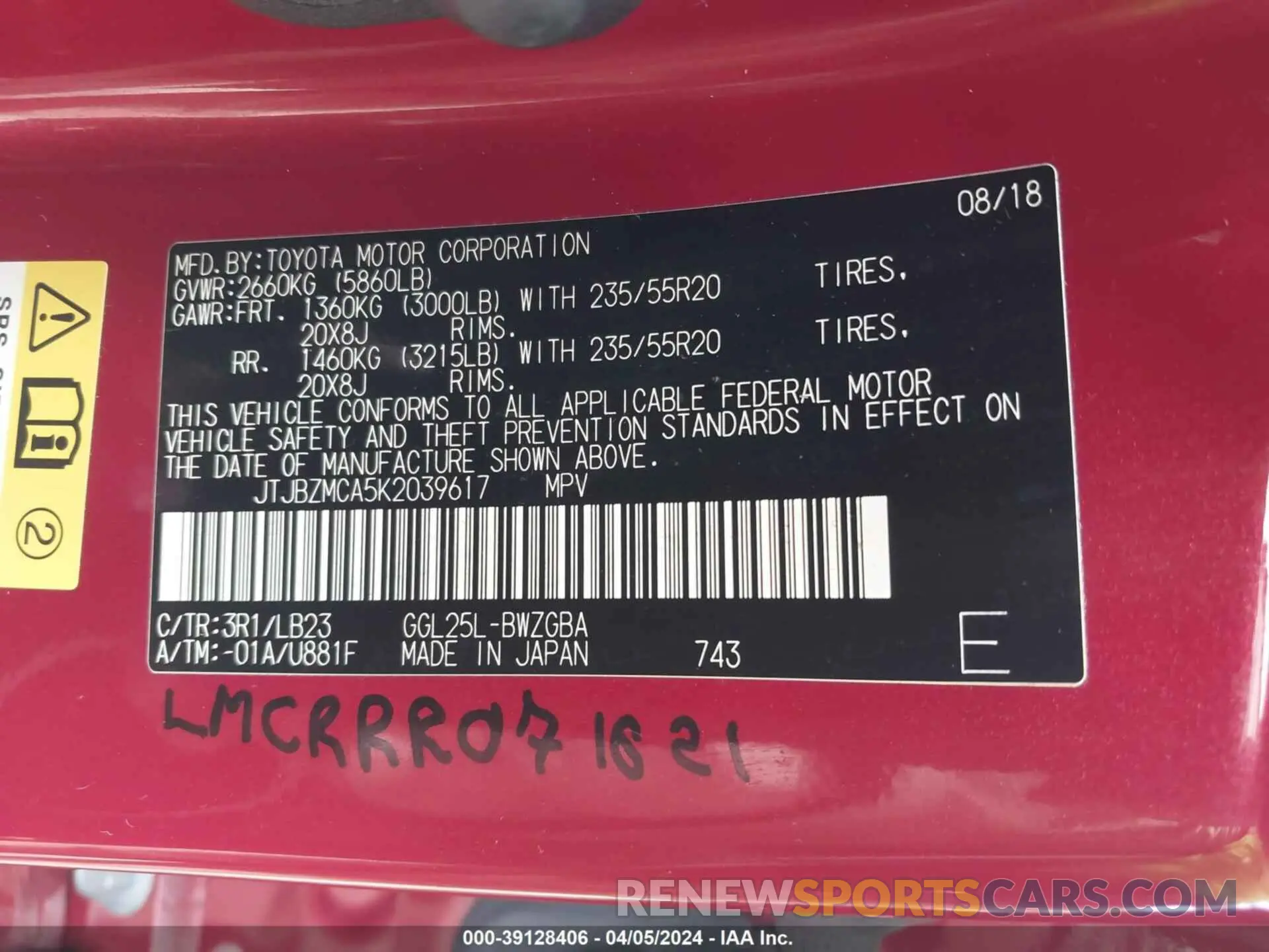 9 fotografías del automóvil dañado JTJBZMCA5K2039617 LEXUS RX 350 2019