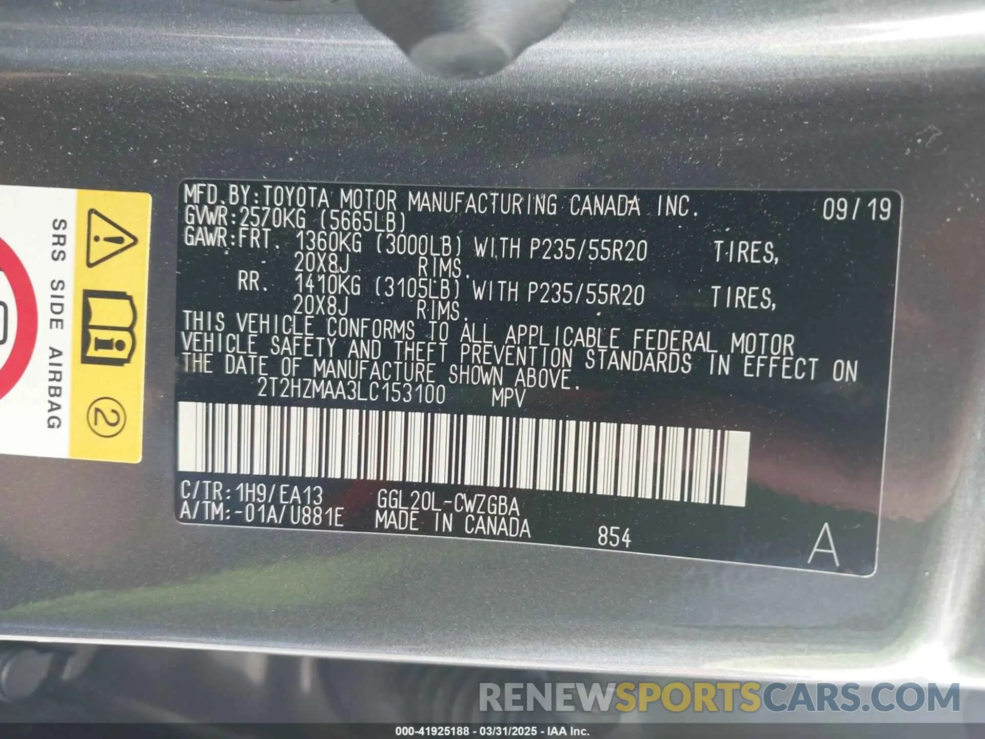 9 fotografías del automóvil dañado 2T2HZMAA3LC153100 LEXUS RX 350 2020