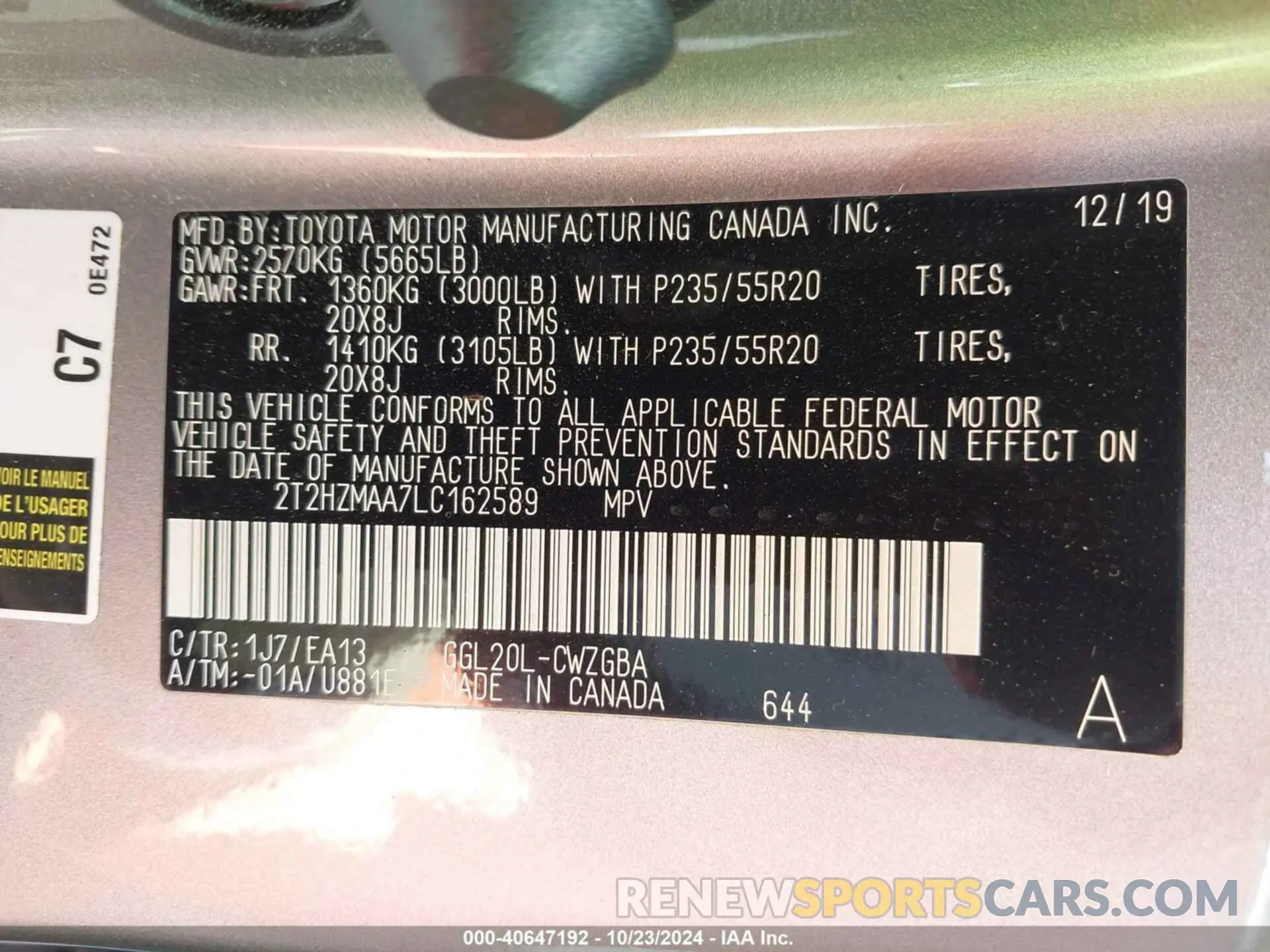 9 fotografías del automóvil dañado 2T2HZMAA7LC162589 LEXUS RX 350 2020
