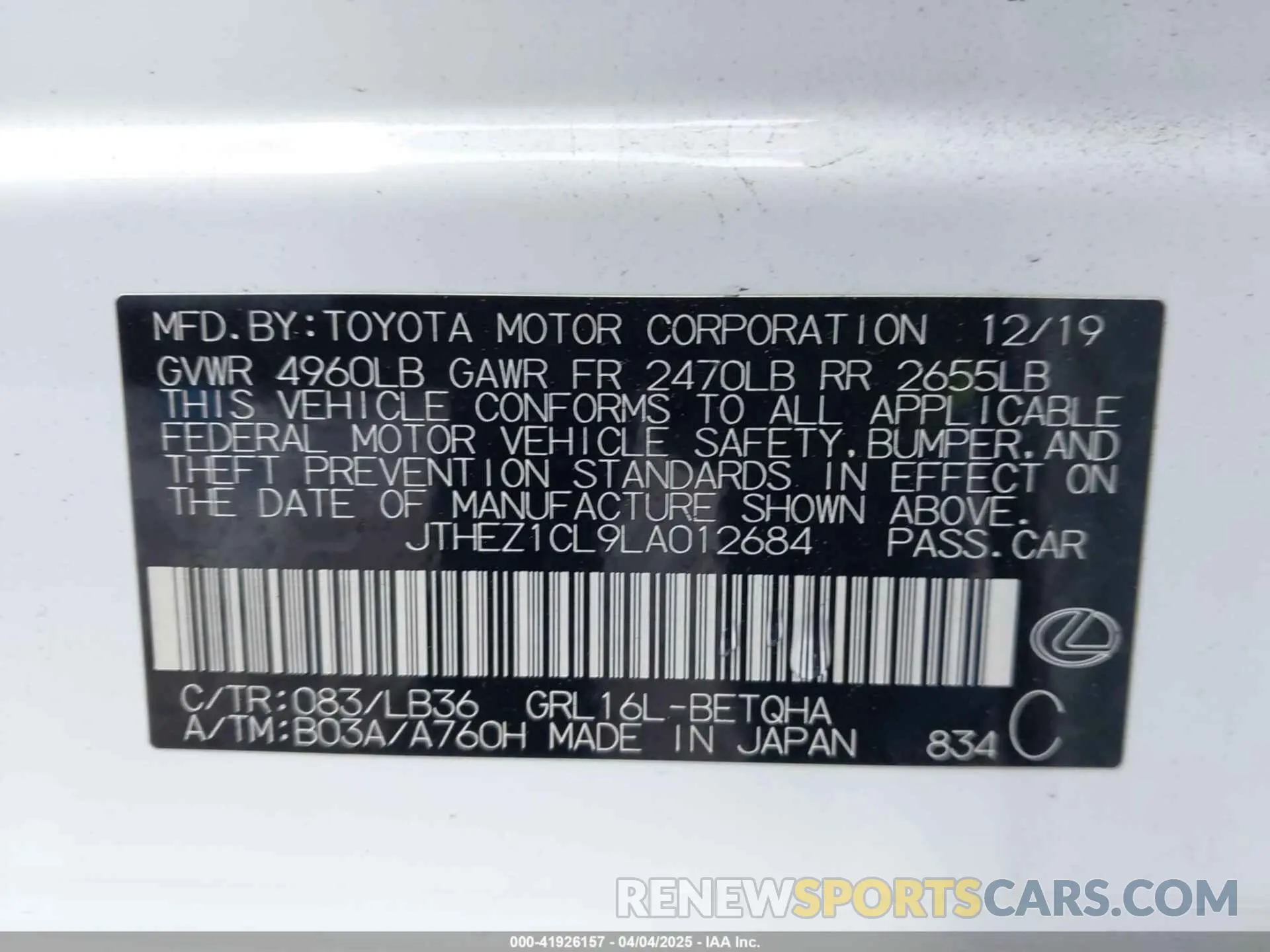 9 fotografías del automóvil dañado 2T2YZMDAXLC223834 LEXUS RX 350 2020