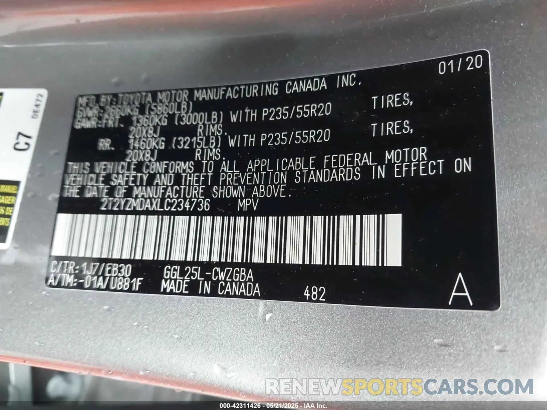9 fotografías del automóvil dañado 2T2YZMDAXLC234736 LEXUS RX 350 2020